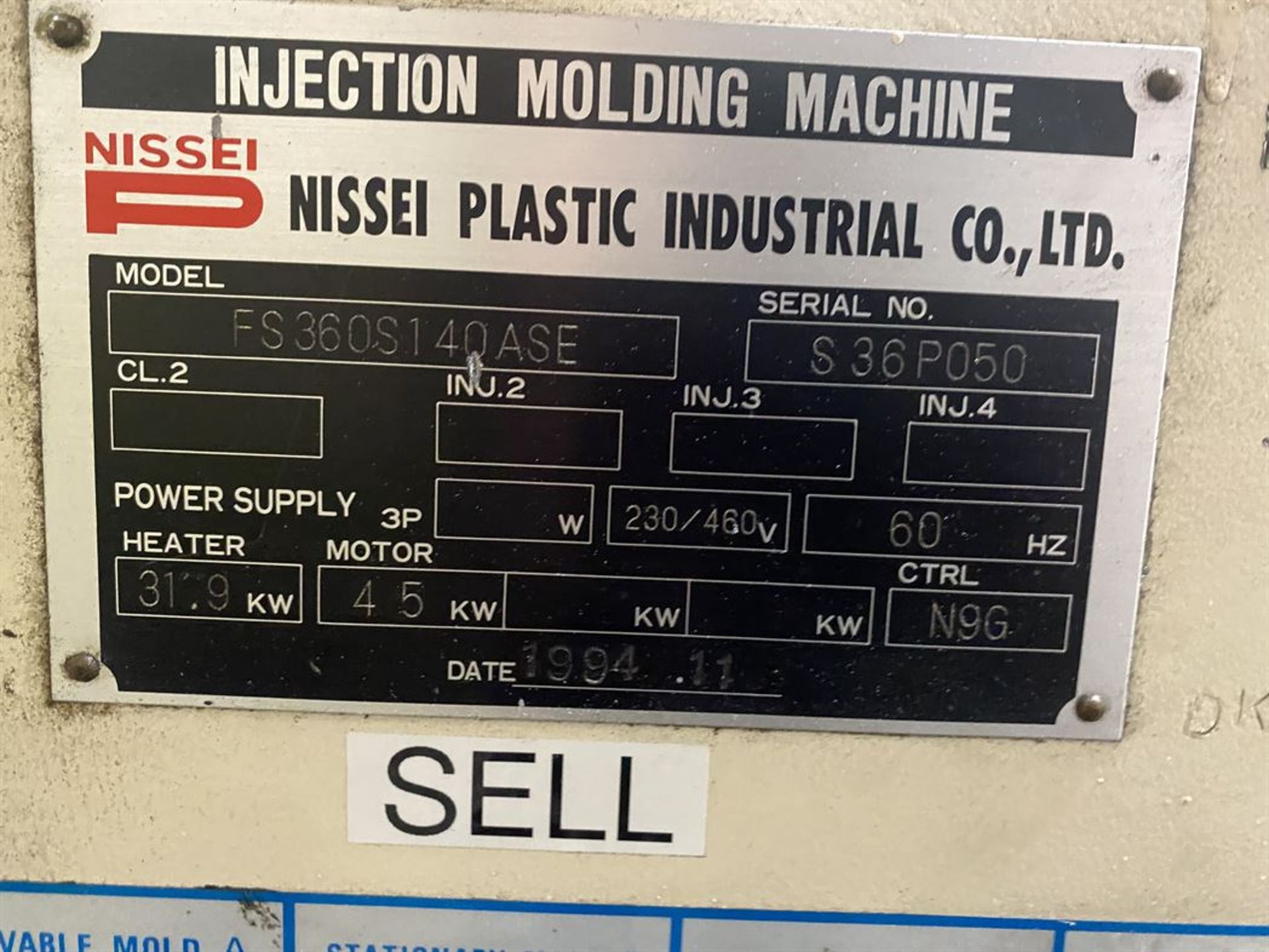 NISSEI FS360 360 Ton Hydraulic Injection Molder, s/n S36P050, w/ NC9000G Control, 44 oz Shot Size, - Image 9 of 9