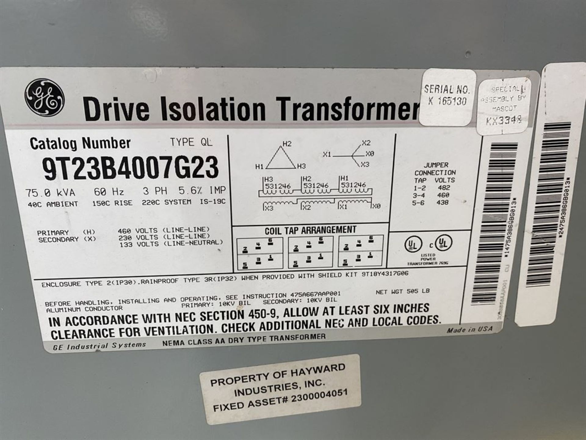 GE 75 KVA Dry Type Transformer - Image 2 of 2