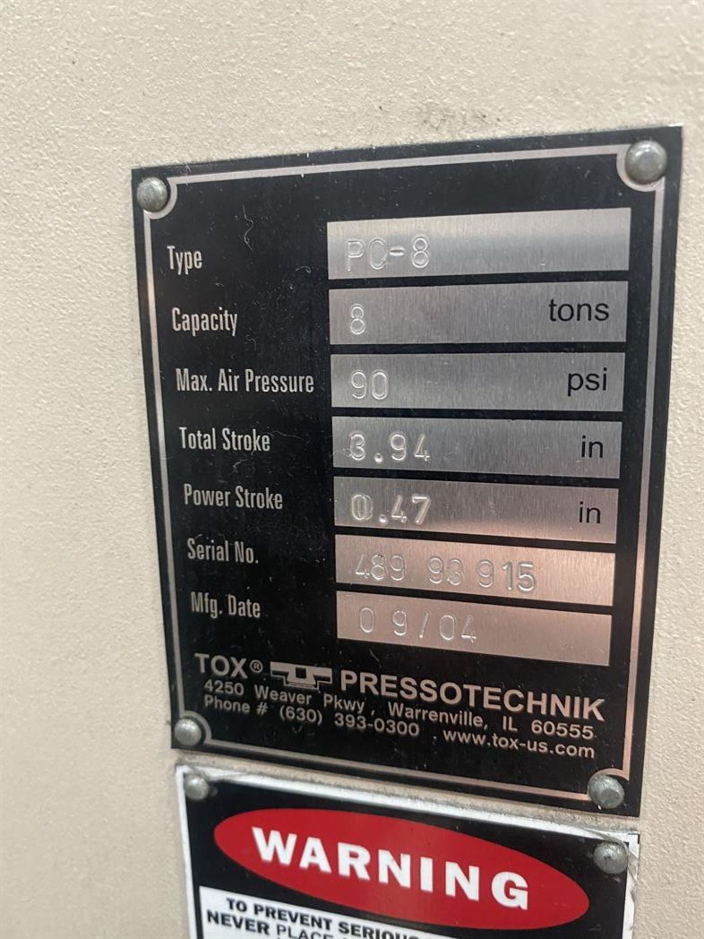 Tox Pressotechnik PC-8 Pneumatic Crimping Press, s/n 489 93915, 8 Ton, 90 PSI, 3.94 Stroke - Image 5 of 5