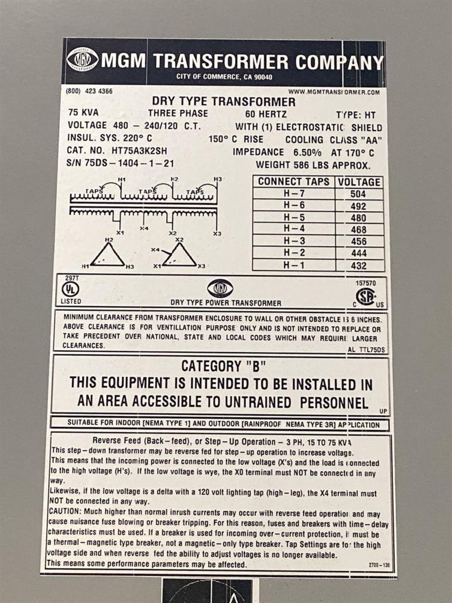 MGM 75 KVA Dry Type Transformer - Image 2 of 2