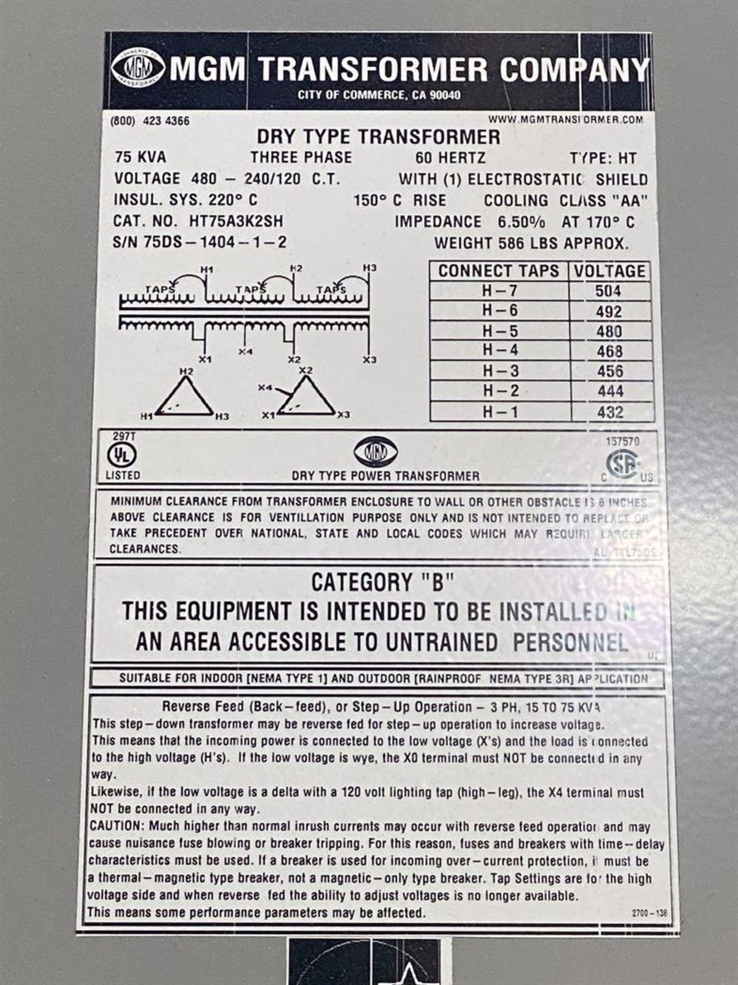 MGM 75 KVA Dry Type Transformer - Image 2 of 2