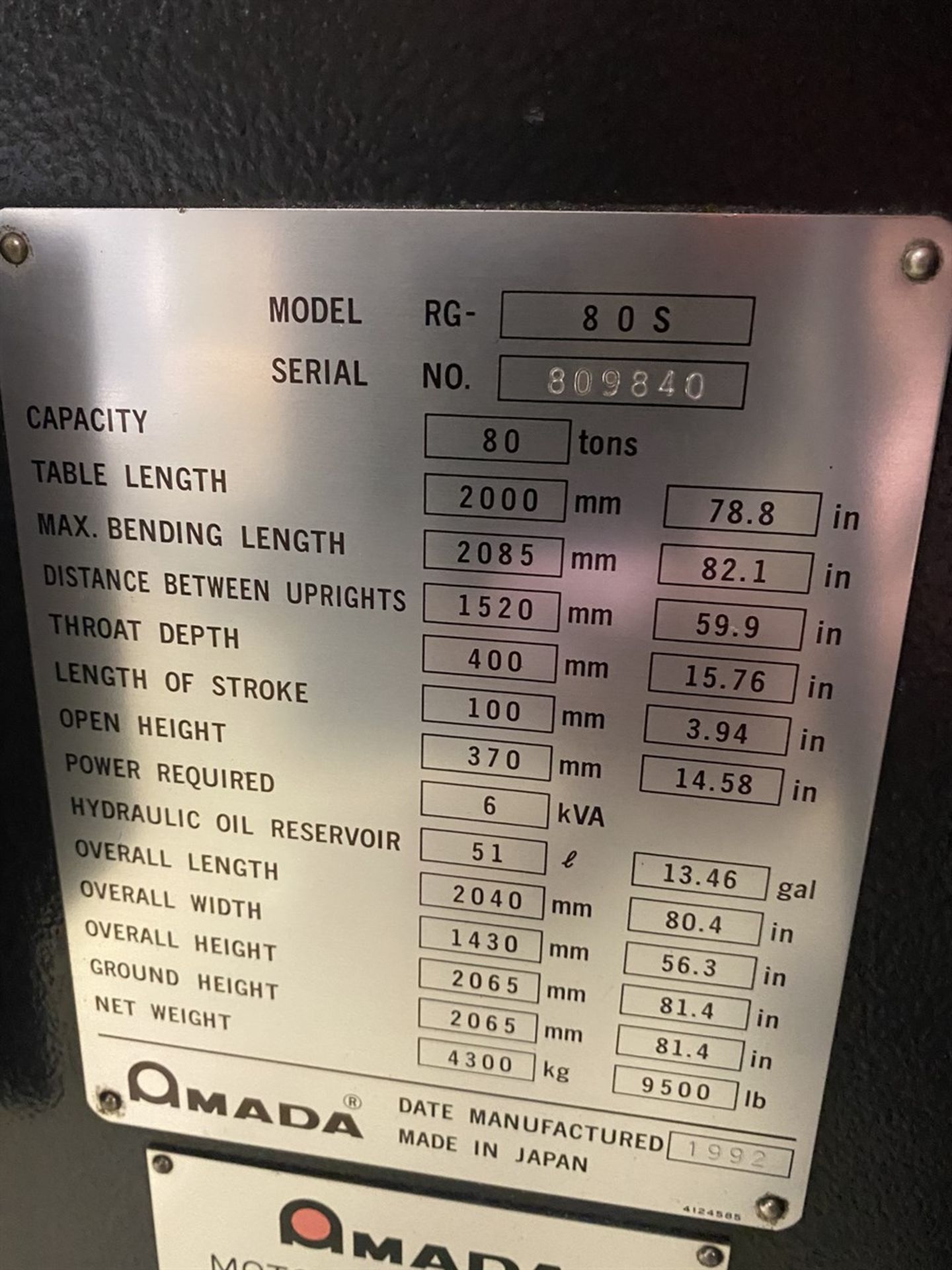AMADA RG-80S CNC Press Brake, s/n 809840, 88 Ton Capacity, NC-9EXII Control, 78.8” Table Length, - Image 6 of 6