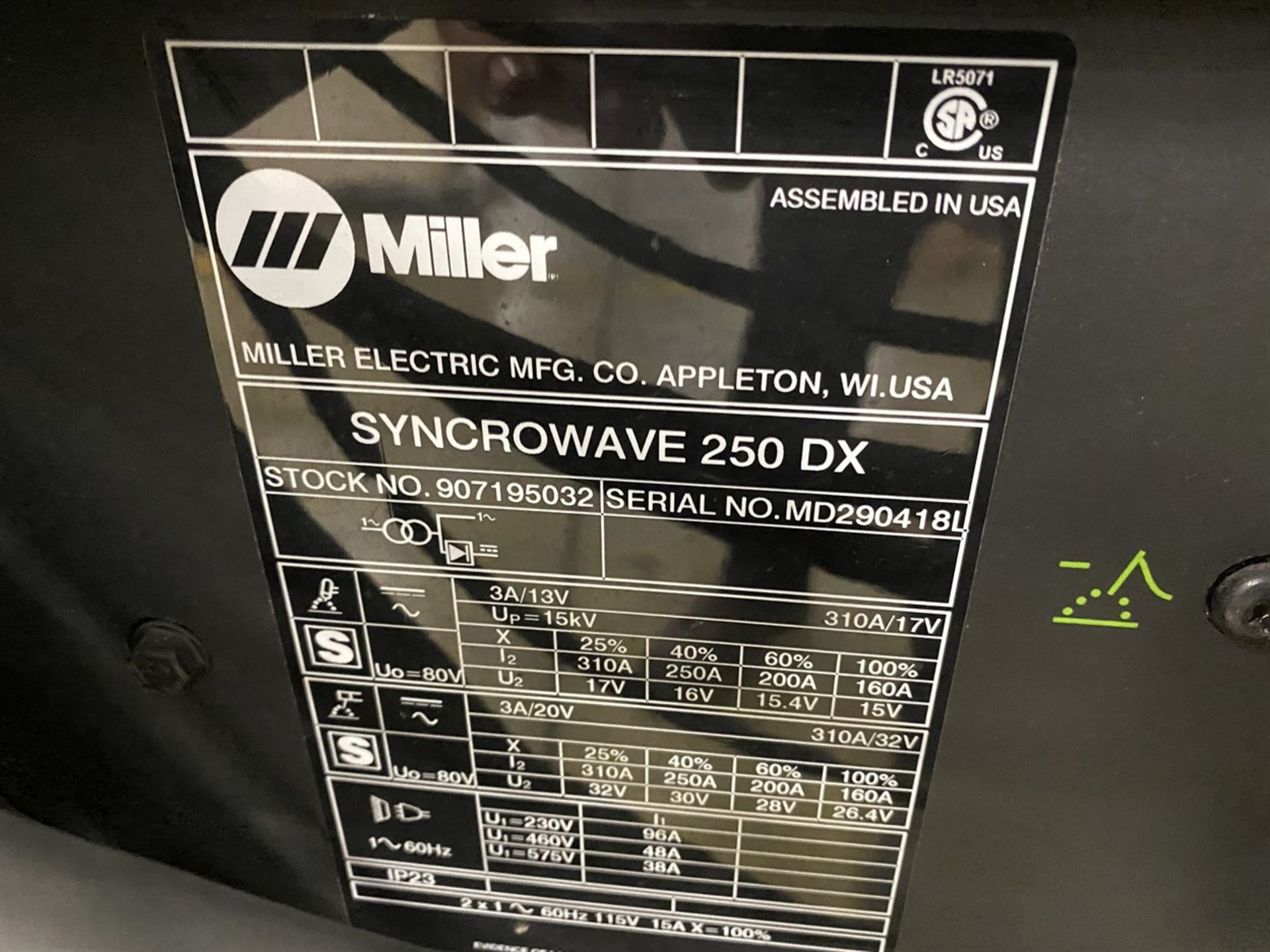 2013 MILLER SYNCROWAVE 250DX TIG Welding Power Source, s/n MD290418U - Image 3 of 3