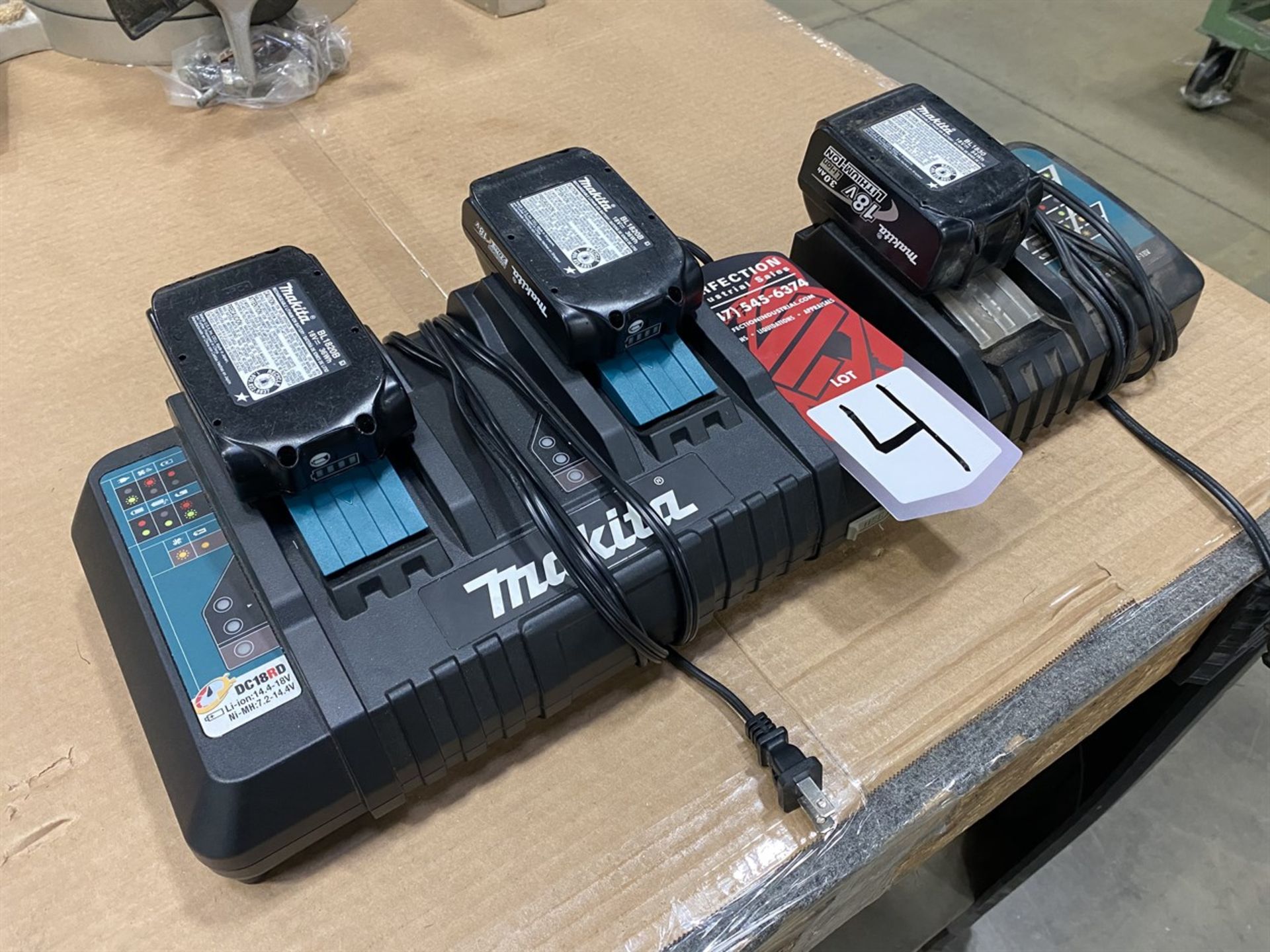 Lot Comprising Makita Dual Battery Charger, Single Charger, and (3) 18V Batteries
