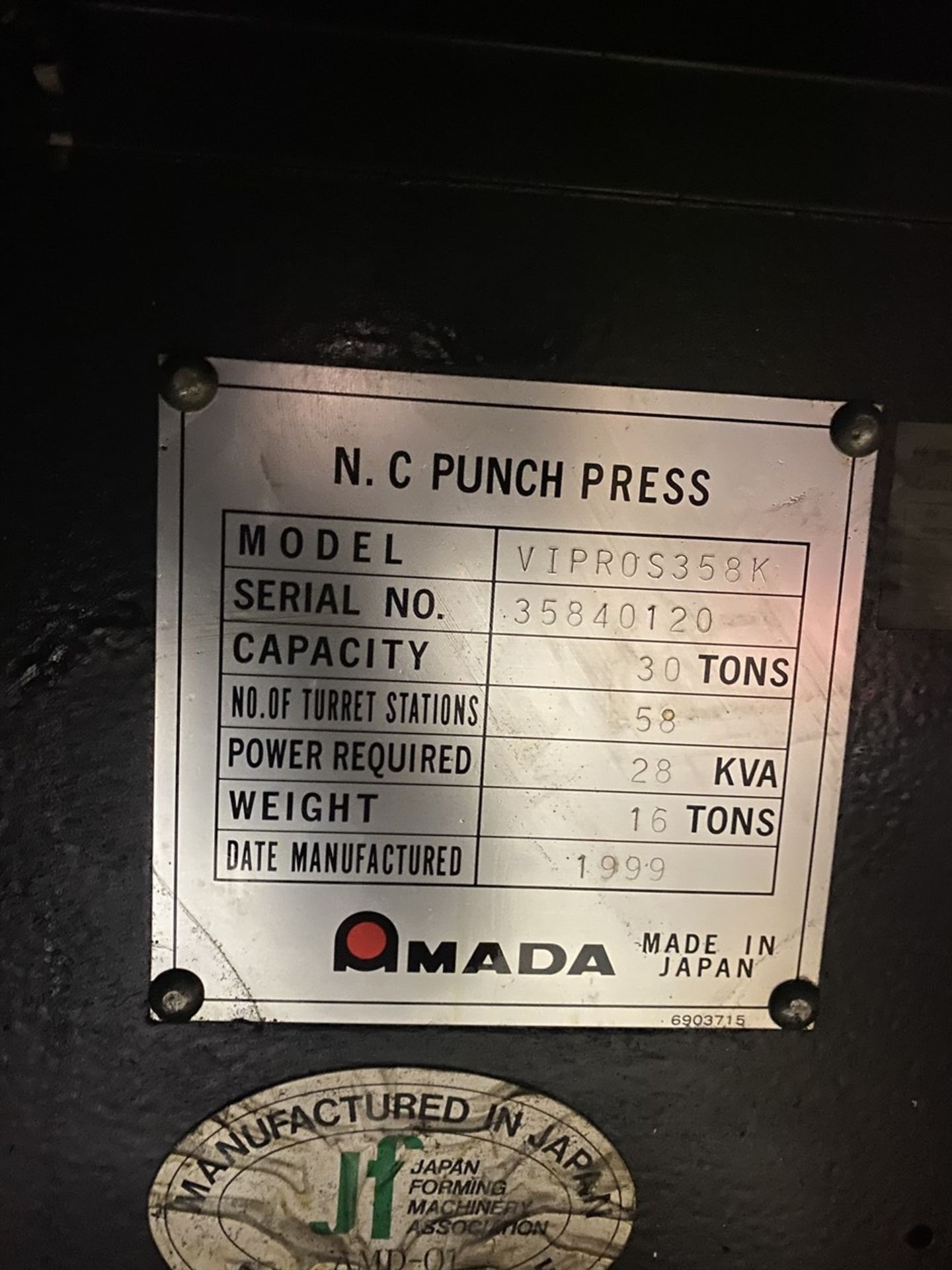 1999 AMADA VIPROS 358 King CNC Turret Punch Press, s/n 35840120, Fanuc 18-P CNC Control, 58- - Image 9 of 9
