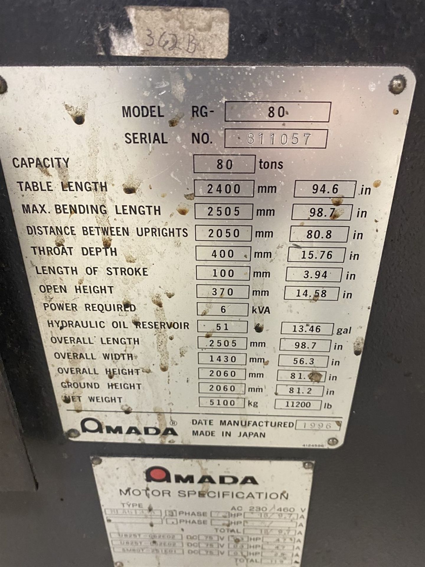 AMADA RG-80 CNC Press Brake, s/n 811057, 88 Ton Capacity, NC-9EXII Control, 94.6” Table Length, 98. - Image 7 of 7