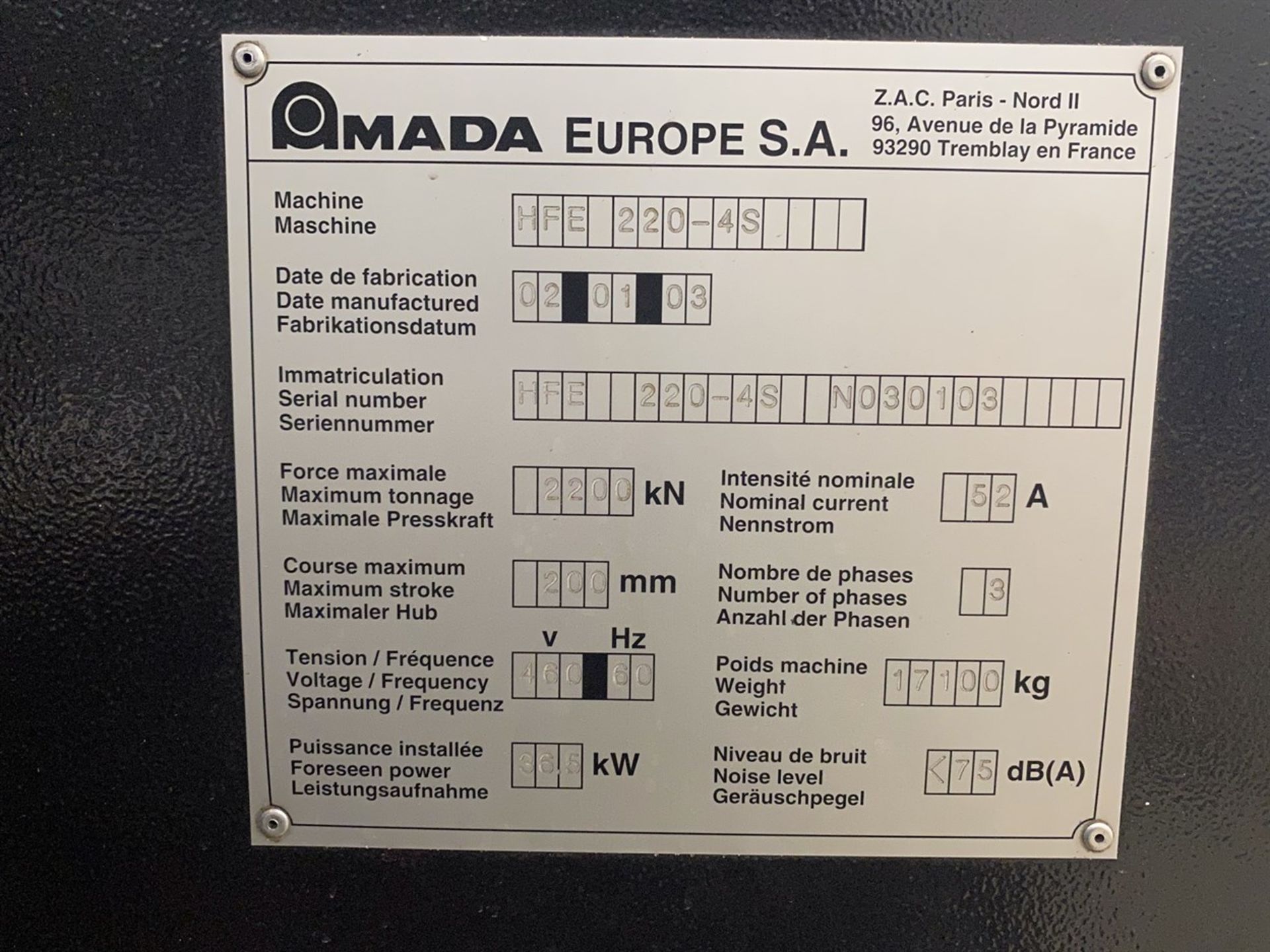 2003 AMADA HFE 220-4S CNC Press Brake, s/n N030103, 242 Ton Capacity, 168” Table Length, 148” - Image 7 of 7