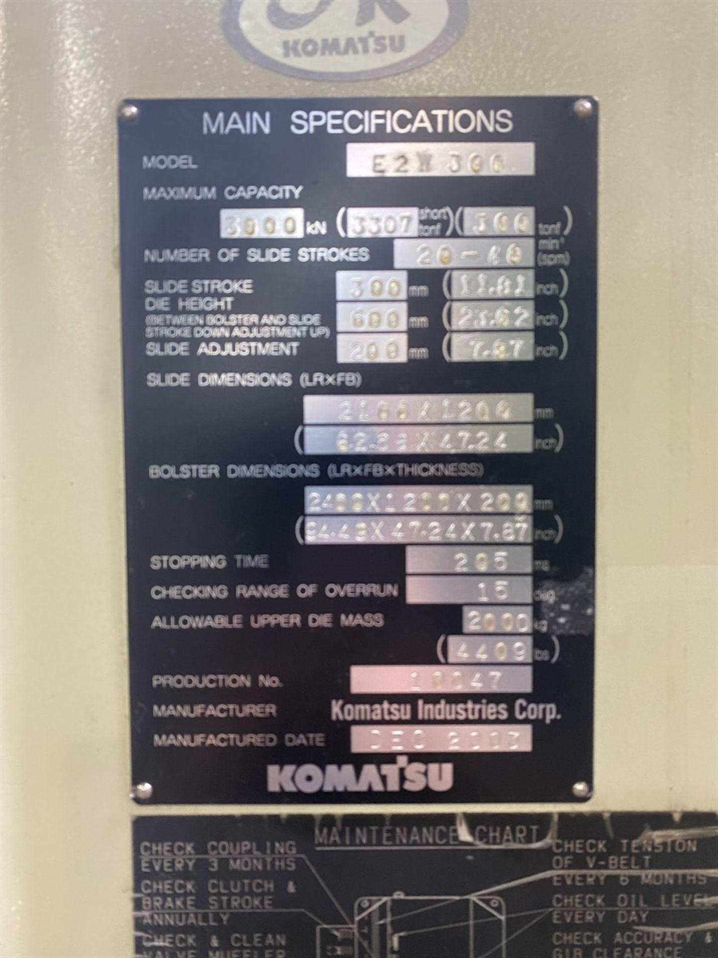 2003 KOMATSU E2W 300 Straight Side Press, s/n 10047, 300 Ton Capacity, 20-40 SPM, 11.81” Stroke, - Image 8 of 8
