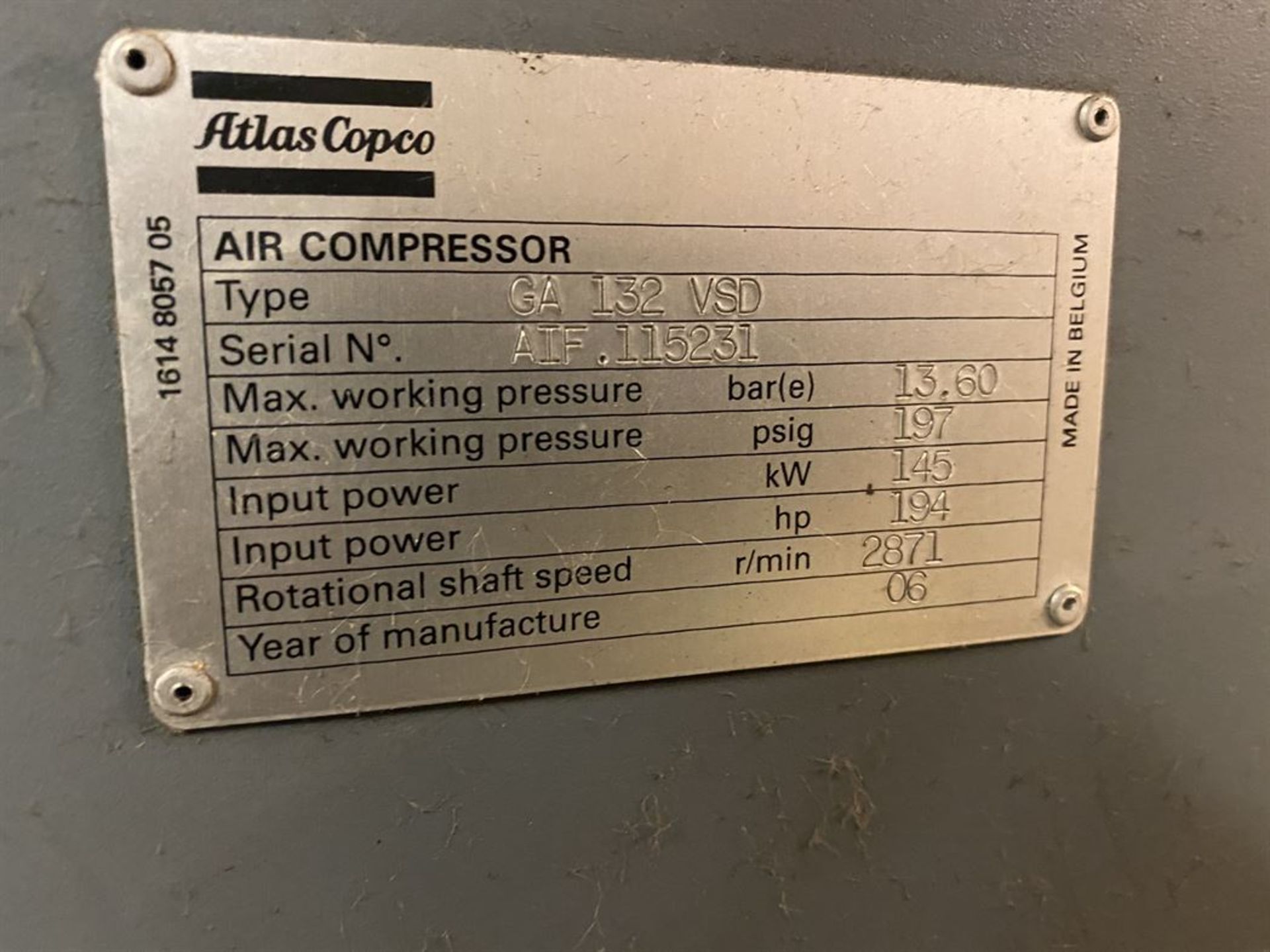 2006 Atlas Copco GA 132 Rotary Screw VSD Air Compressor, s/n AIF.115231, 194 HP, 197 PSIG Max - Image 4 of 5