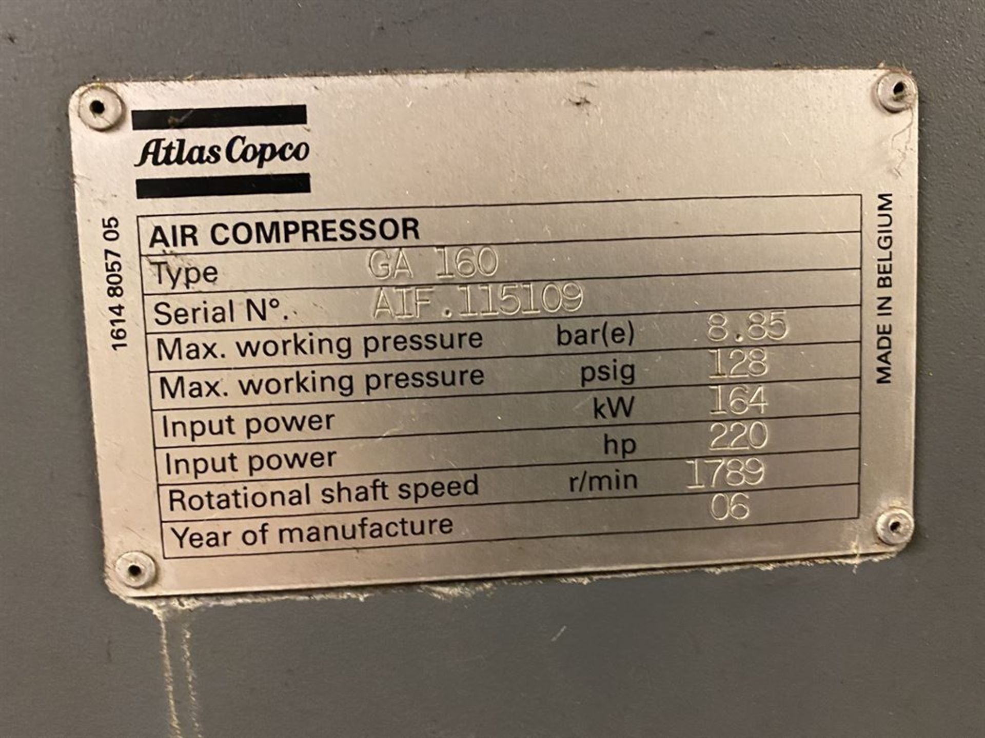 2006 Atlas Copco GA 160 Rotary Screw Air Compressor, s/n AIF.115109, 220 HP, 128 PSIG Max Working - Image 4 of 4