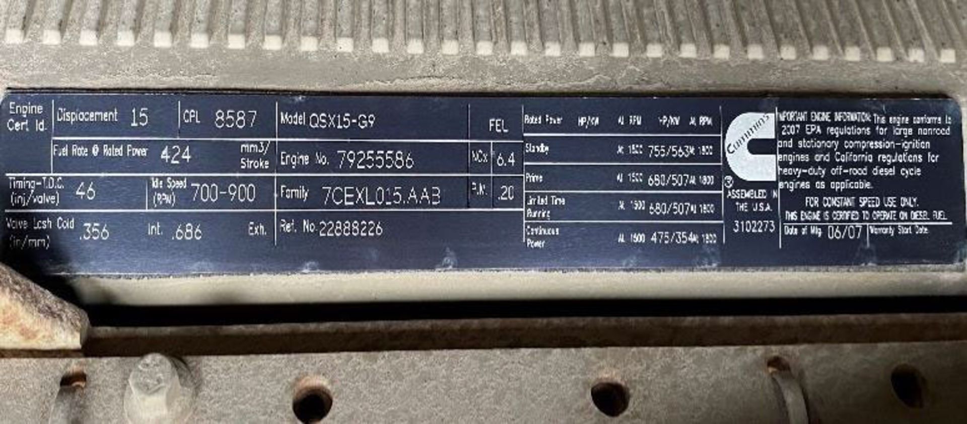 2007 INGERSOLL RAND G570 Portable Power Generator, VIN 4FVGJBLC28U391849, 570 KVA/456 KW, Pintle - Image 3 of 4