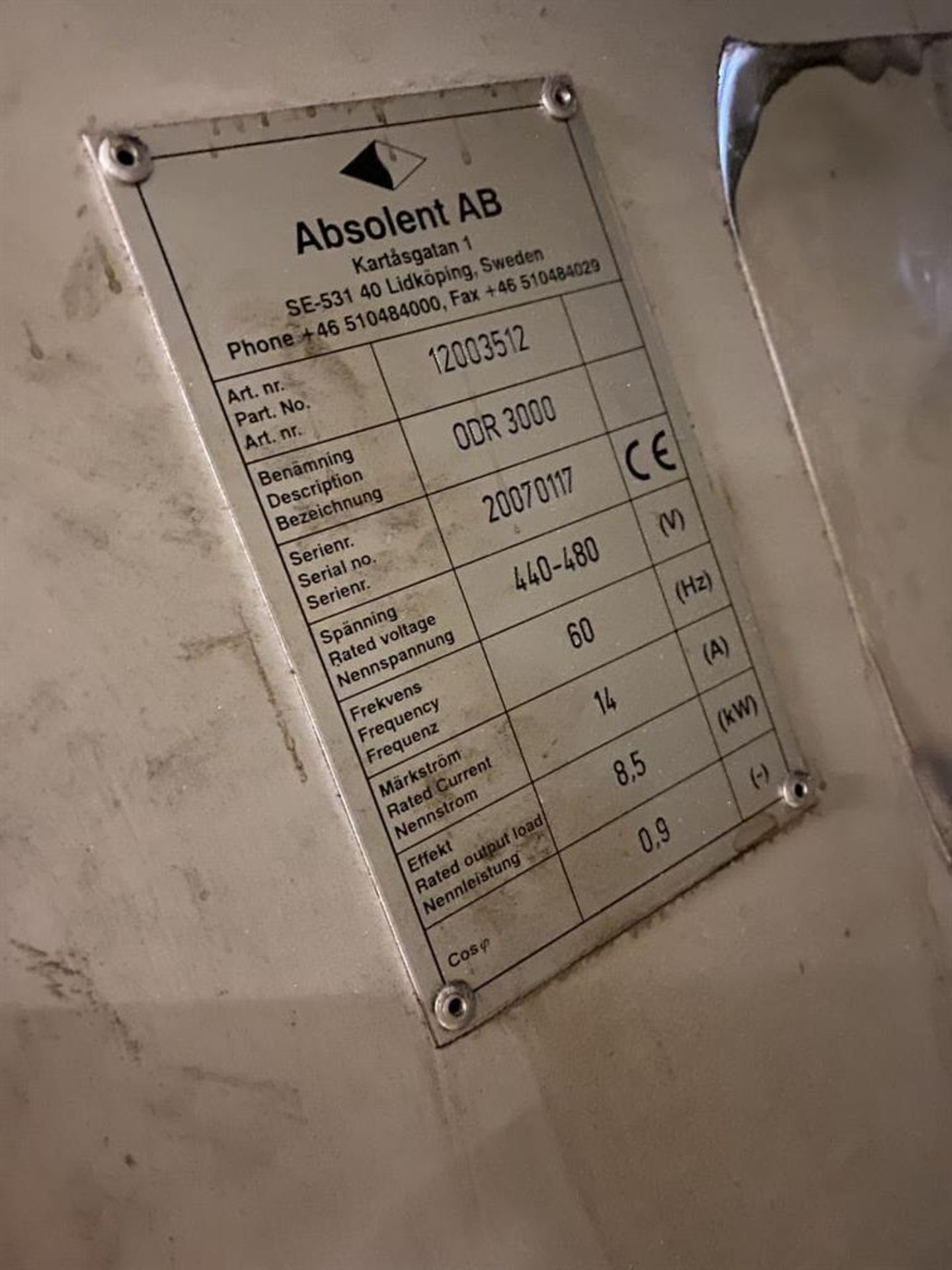 ABSOLENT AB ODR-3000 Oil/Smoke/Mist Collection Systems, s/n 20070117, 2350 CFM, 10 HP, 3510 RPM; - Image 3 of 3