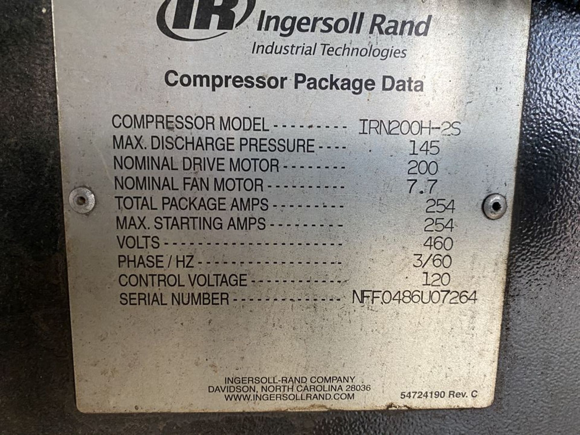 INGERSOLL RAND IRN200H-2S 200 hp Rotary Screw Air Compressor, s/n NFF0486U07264 - Image 3 of 3