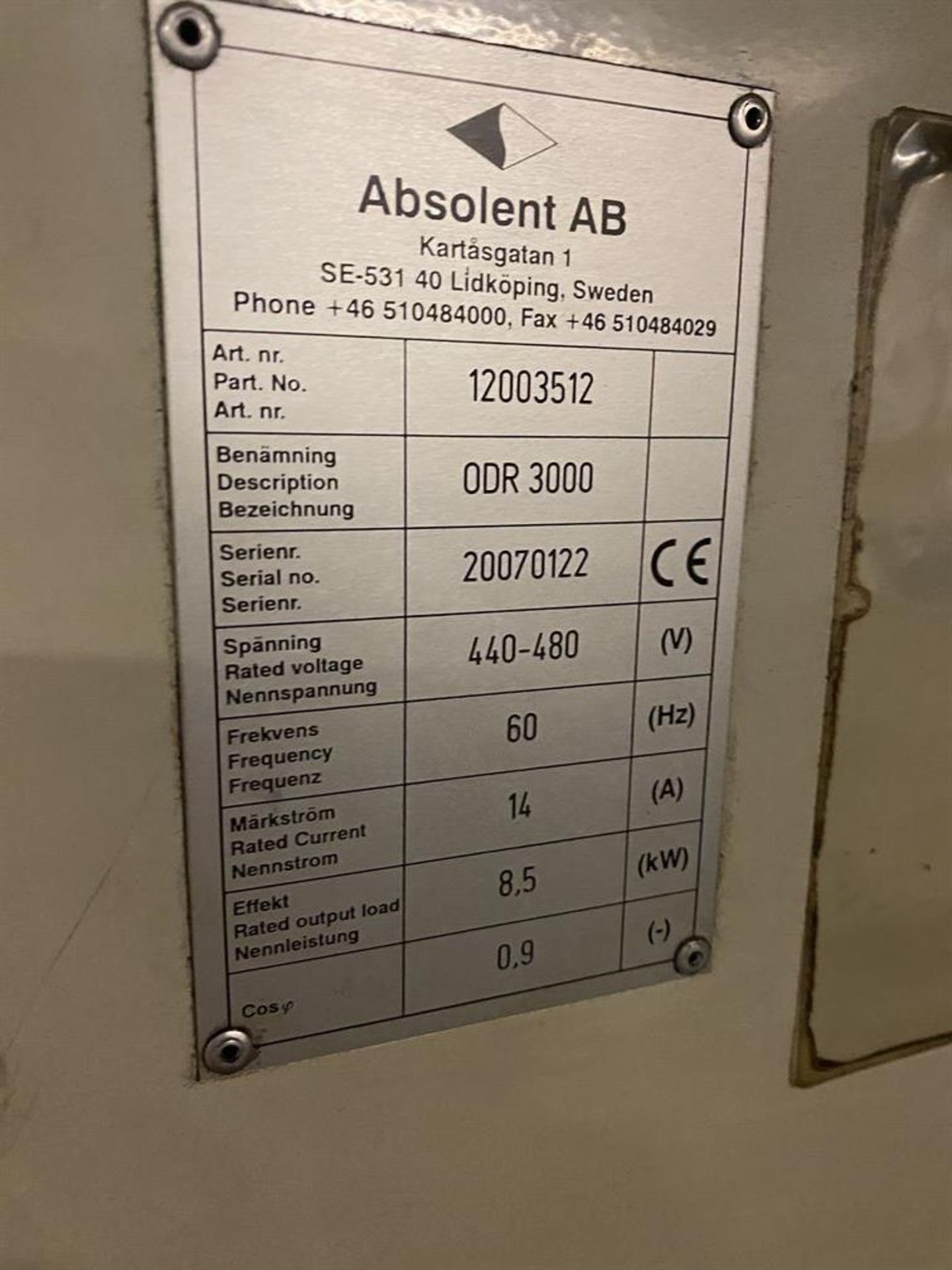 ABSOLENT AB ODR-3000 Oil/Smoke/Mist Collection Systems, s/n 20070122, 2350 CFM, 10 HP, 3510 RPM; - Image 3 of 3