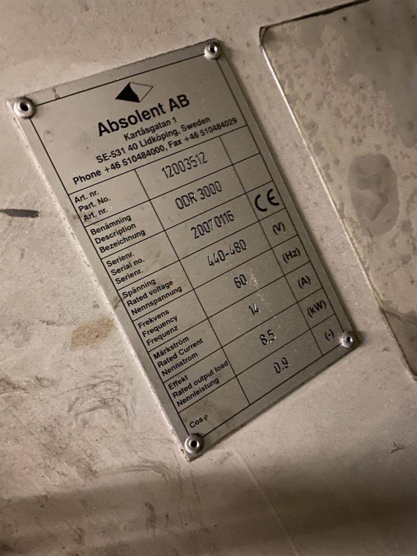 ABSOLENT AB ODR-3000 Oil/Smoke/Mist Collection Systems, s/n 20070016, 2350 CFM, 10 HP, 3510 RPM; - Image 3 of 3