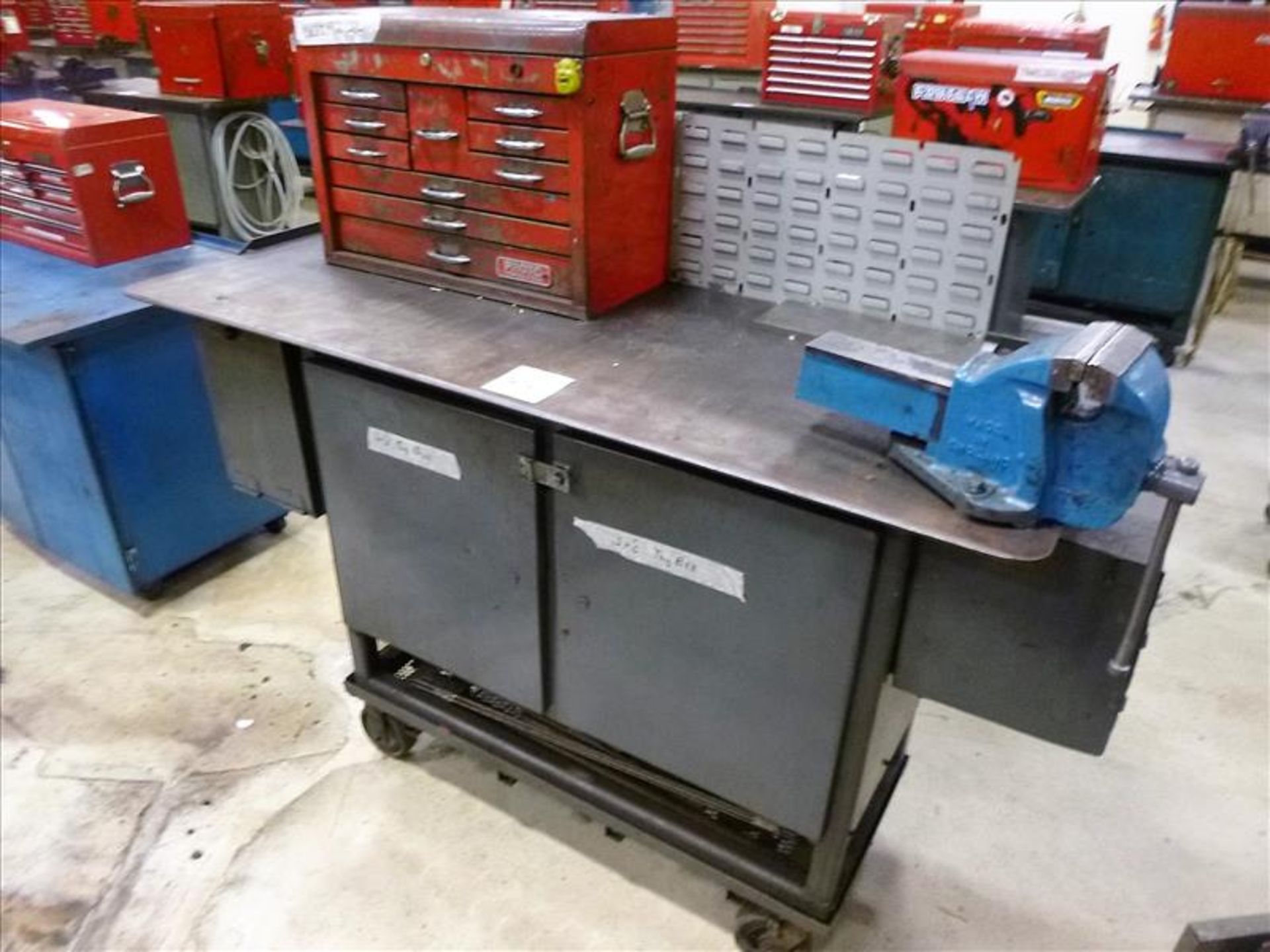 Rolling Work Bench, approx. 26" x 68", Steel Top c/w 6" Bench Vice & Contents (Hand Tools, Spare