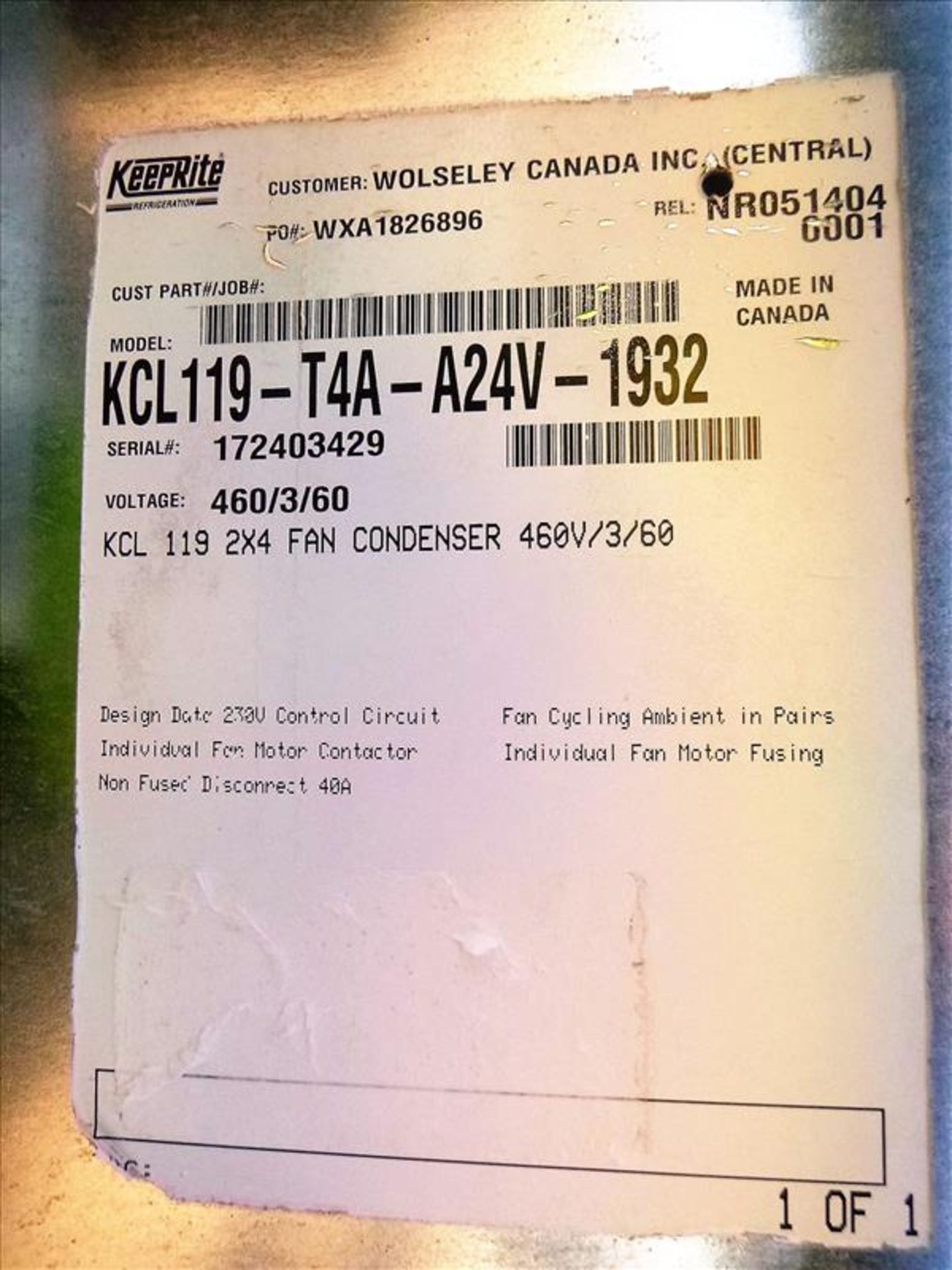 KEEPRITE KCL119-T4A-A24V-1932 Remote Condenser, s/n 172403429, 2x4-Fan - Image 4 of 4
