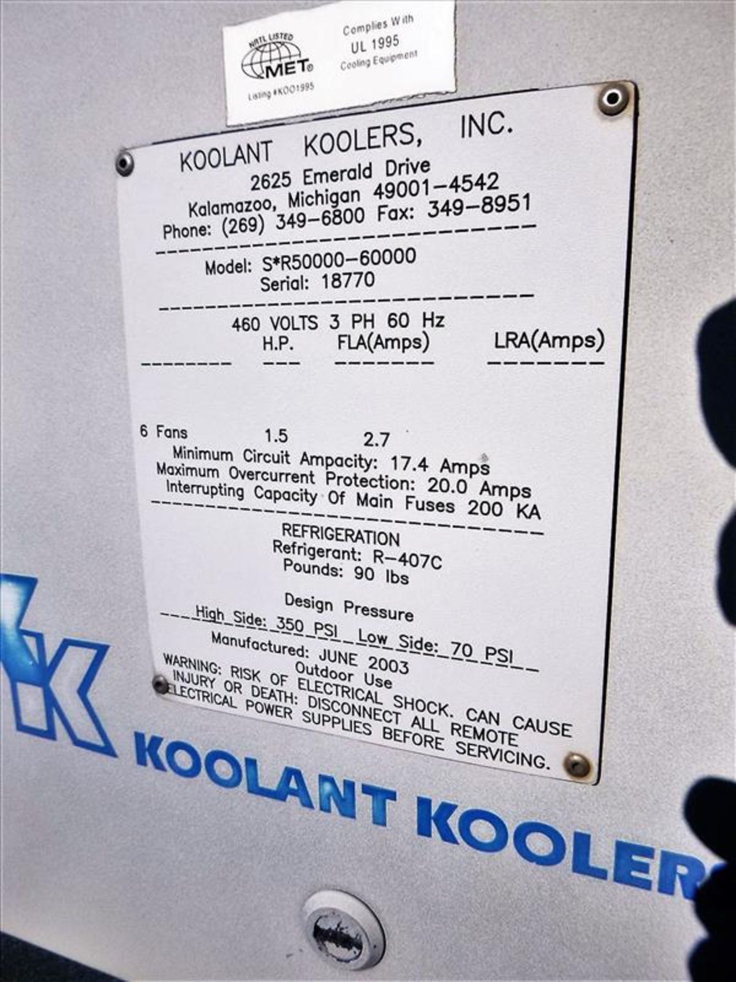 KOOLANT COOLERS SR50000-60000 Remote Condenser, s/n 18770, 6-Fan, R-407C - Image 3 of 4