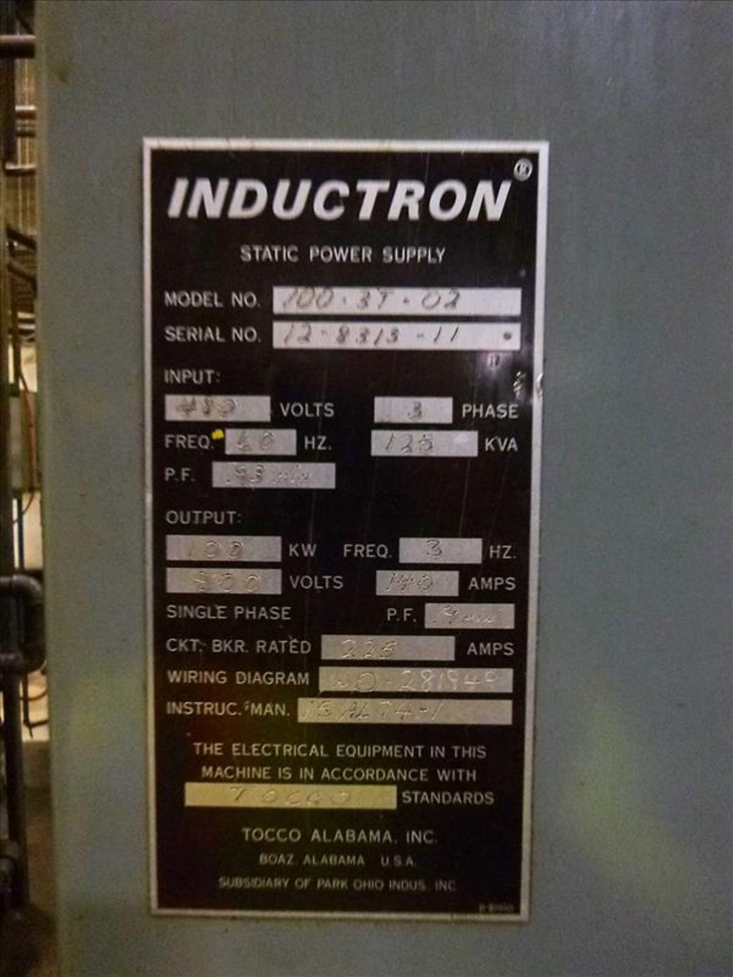 TOCCO Tempering Unit w/ INDUCTRON 100-3T-02 100 kw, s/n 12-8313-11 c/w Distilled Water Cooling/ - Image 12 of 20