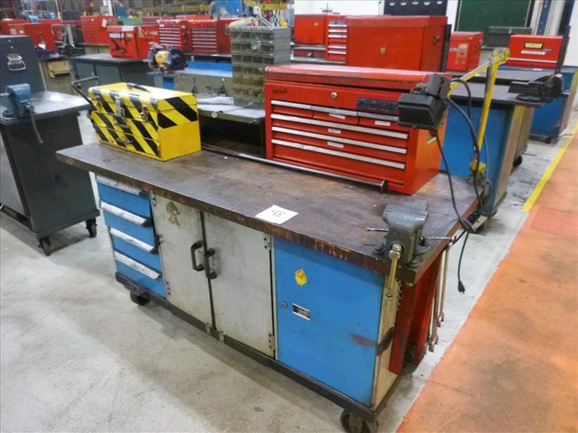 Rolling Work Bench, approx. 30" x 72" c/w 4" Bench Vice & Contents (Hand Tools, Spare Parts,