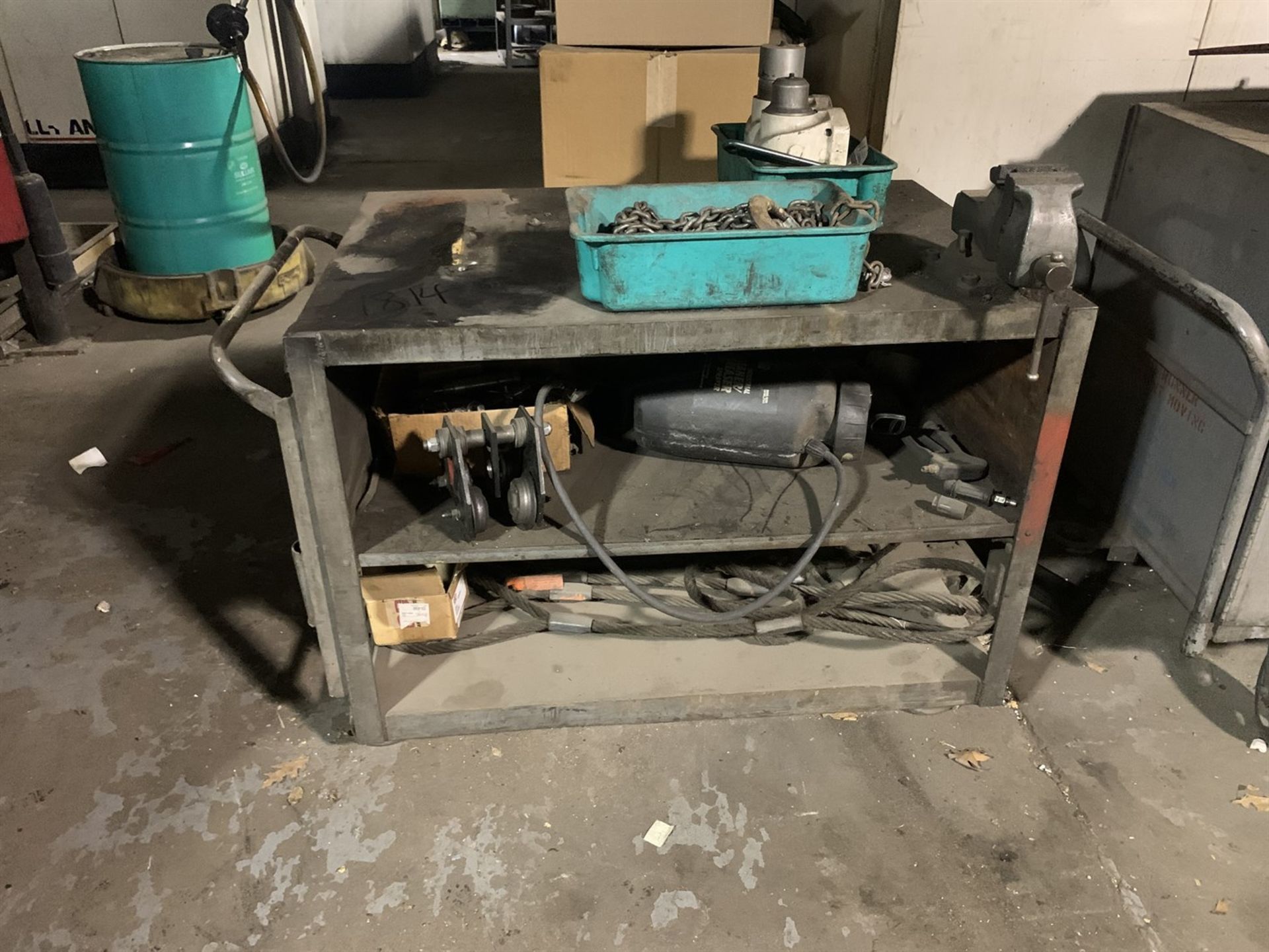 Rolling Shop Cart w/ Bench Vise, Rigging Cables and Trolley