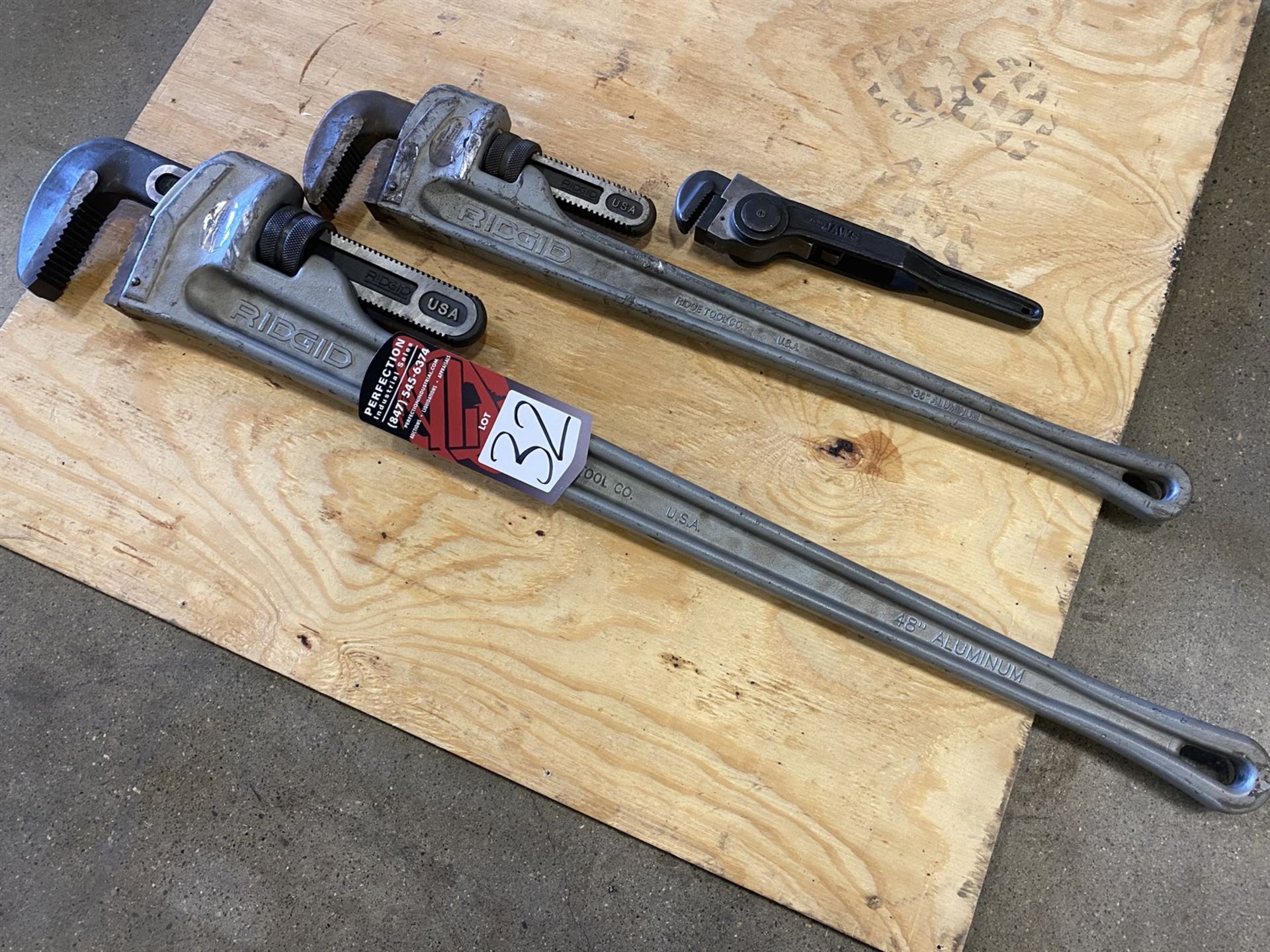 Lot Comprising RIDIGD 48" Aluminum Pipe Wrench, RIDGID 36" Aluminum Pipe Wrench and POWER JAW Pipe