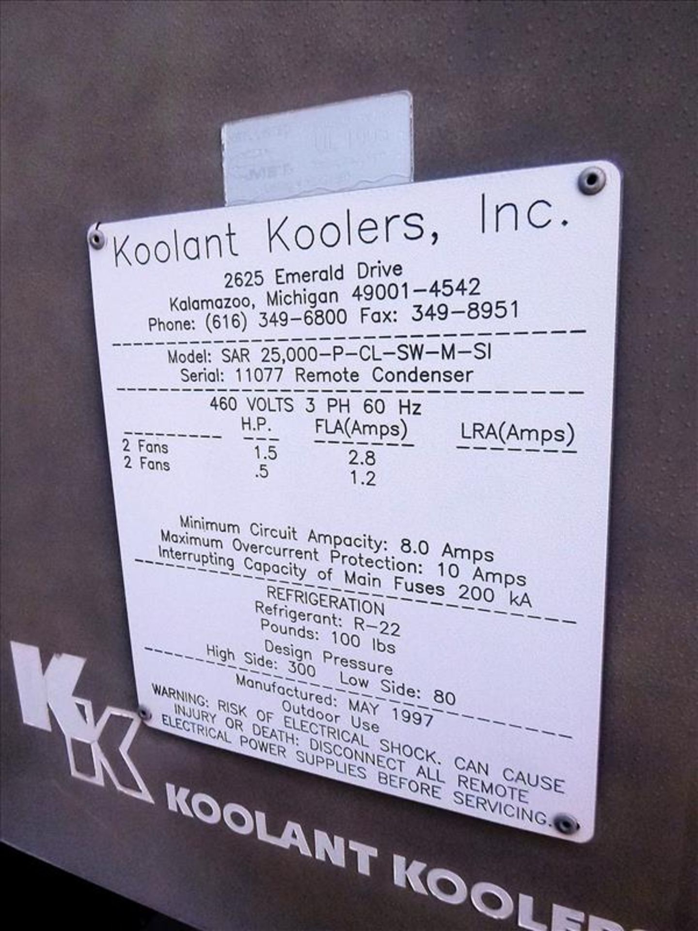 KOOLANT COOLERS SAR 20,000-P-CL-SW-M-SI Remote Condenser, s/n 11077, 2-Fan, R-22 - Image 2 of 2