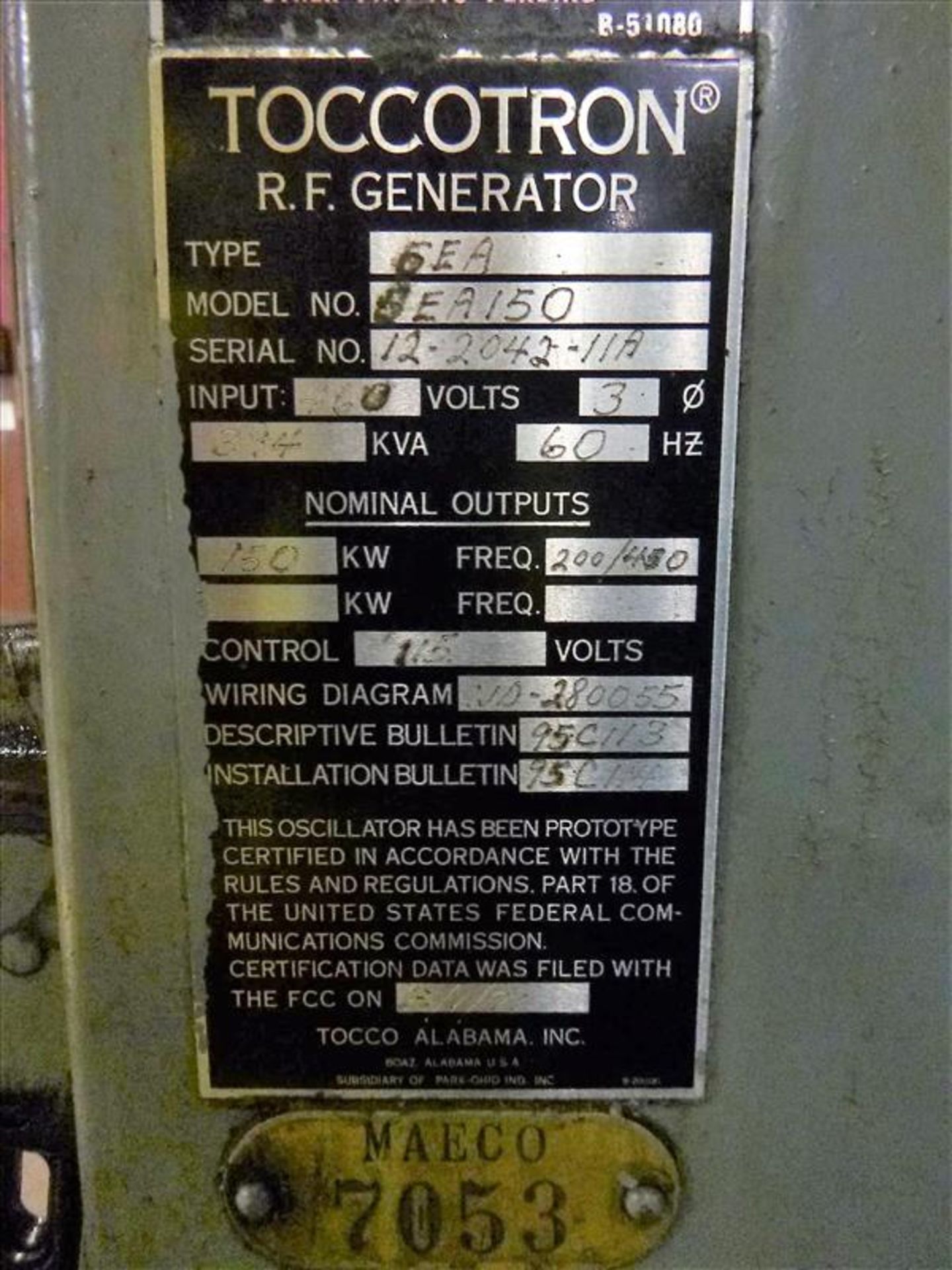 TOCCO Hardener Unit w/ TOCCOTRON 5EA 150 kw RF Generator, s/n 12-2042-11A c/w Distilled Water, TOCCO - Image 6 of 19