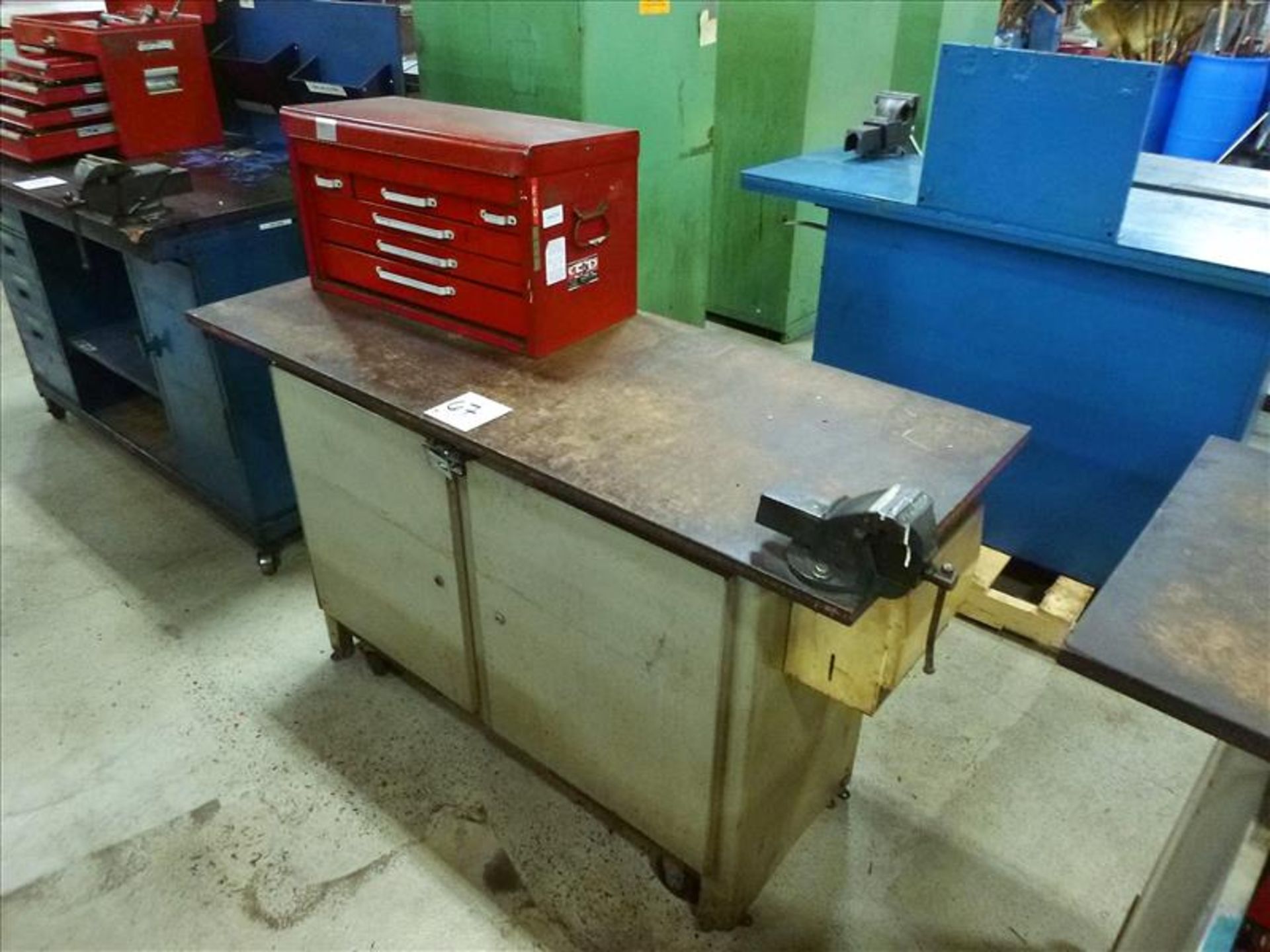 Rolling Work Bench, approx. 24" x 60" c/w 6" Bench Vice & Contents