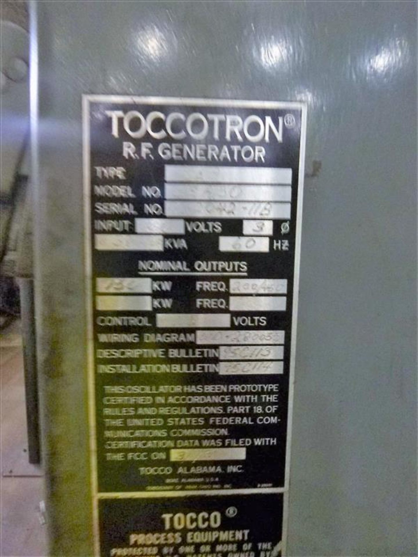 TOCCO Hardener Unit w/ TOCCOTRON 5EA 150 kw RF Generator, s/n 12-2042-11B c/w Distilled Water, TOCCO - Image 6 of 20