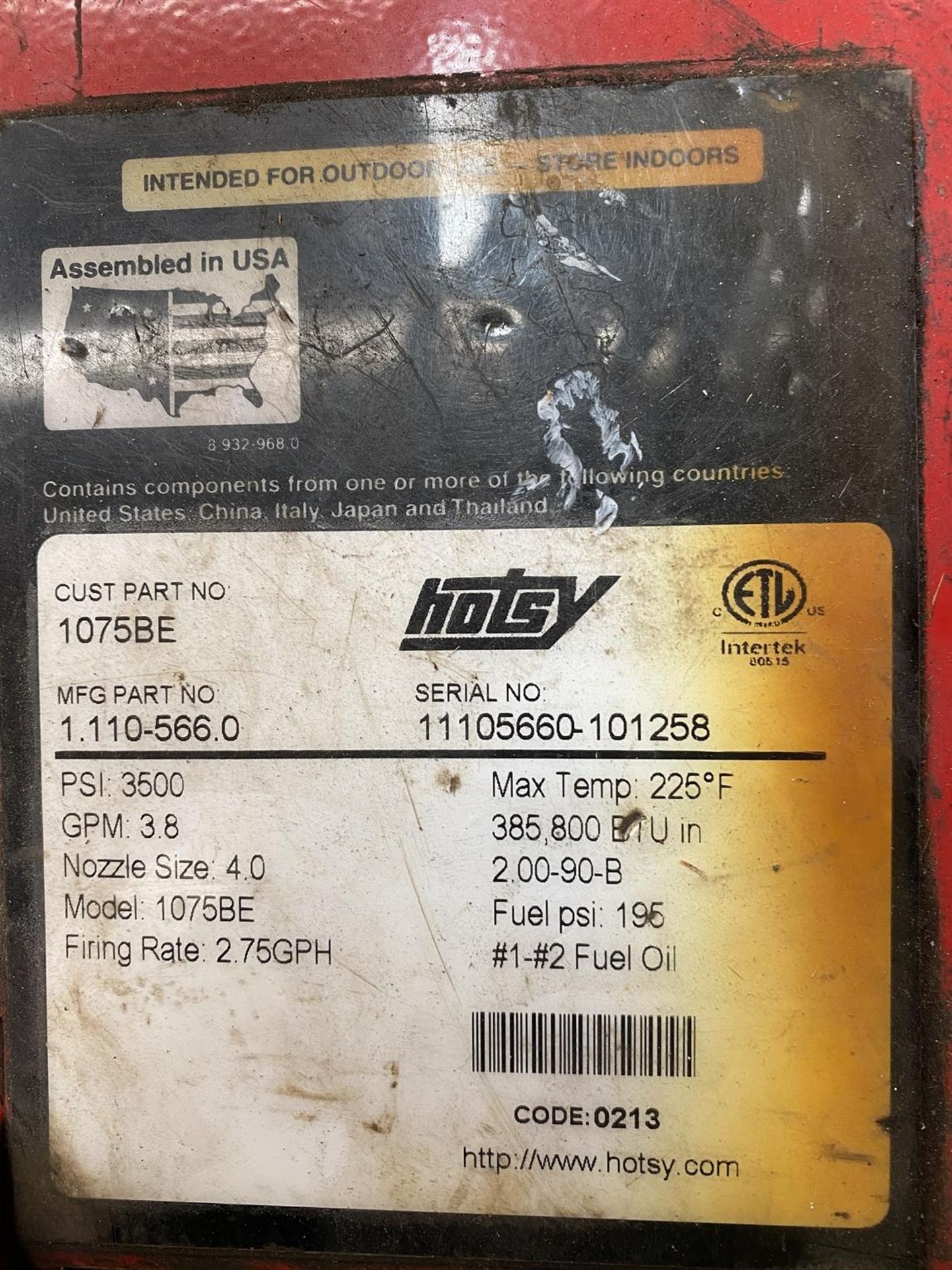 HOTSY 1075BE Pressure Washer, s/n 11105660-101258, 3500 PSI, 385,800 BTUin, 225 Degree F Max Temp, - Image 5 of 5