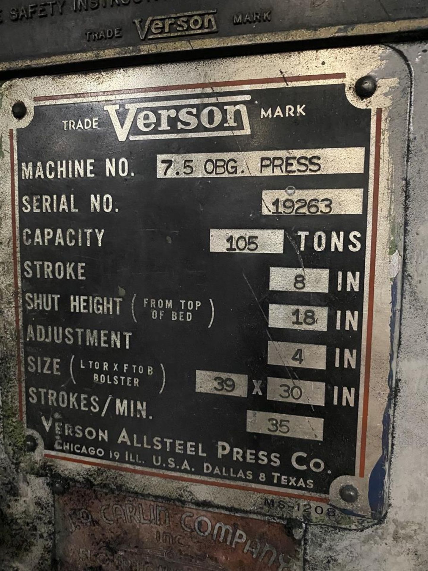 VERSON 7.5 OBG Press, s/n 19263, 105 Ton, 8” Stroke, 18” Shut Height, 4” Adj, 39” x 30” Bolster, - Image 9 of 9