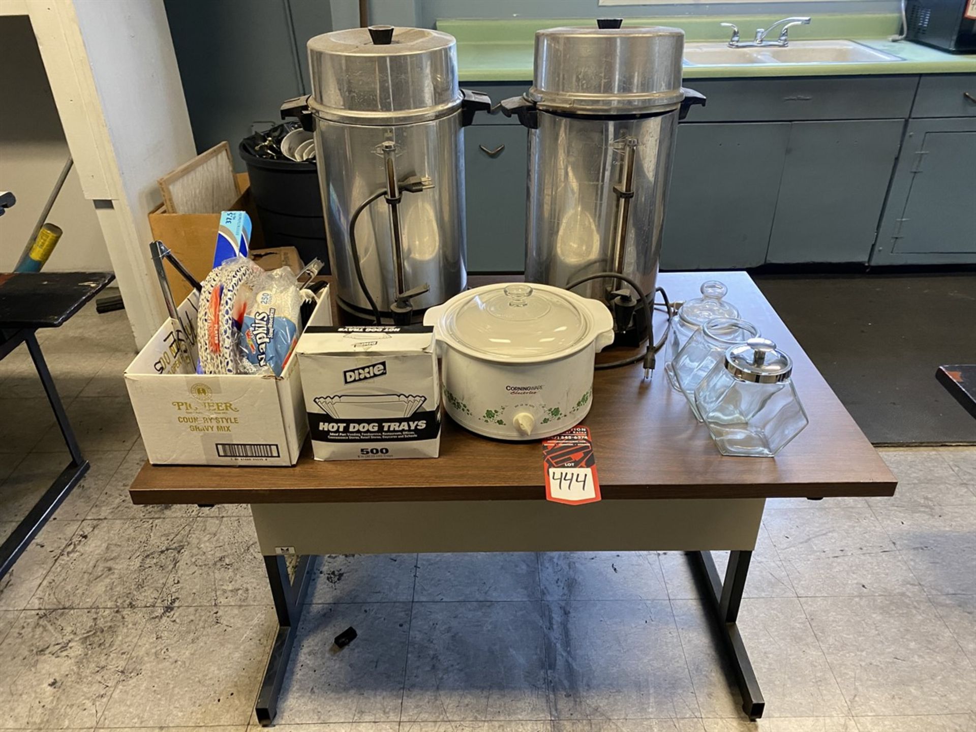 Table w/ Crock-pot, (2) Coffee Makers and Misc. Lunch Room Items