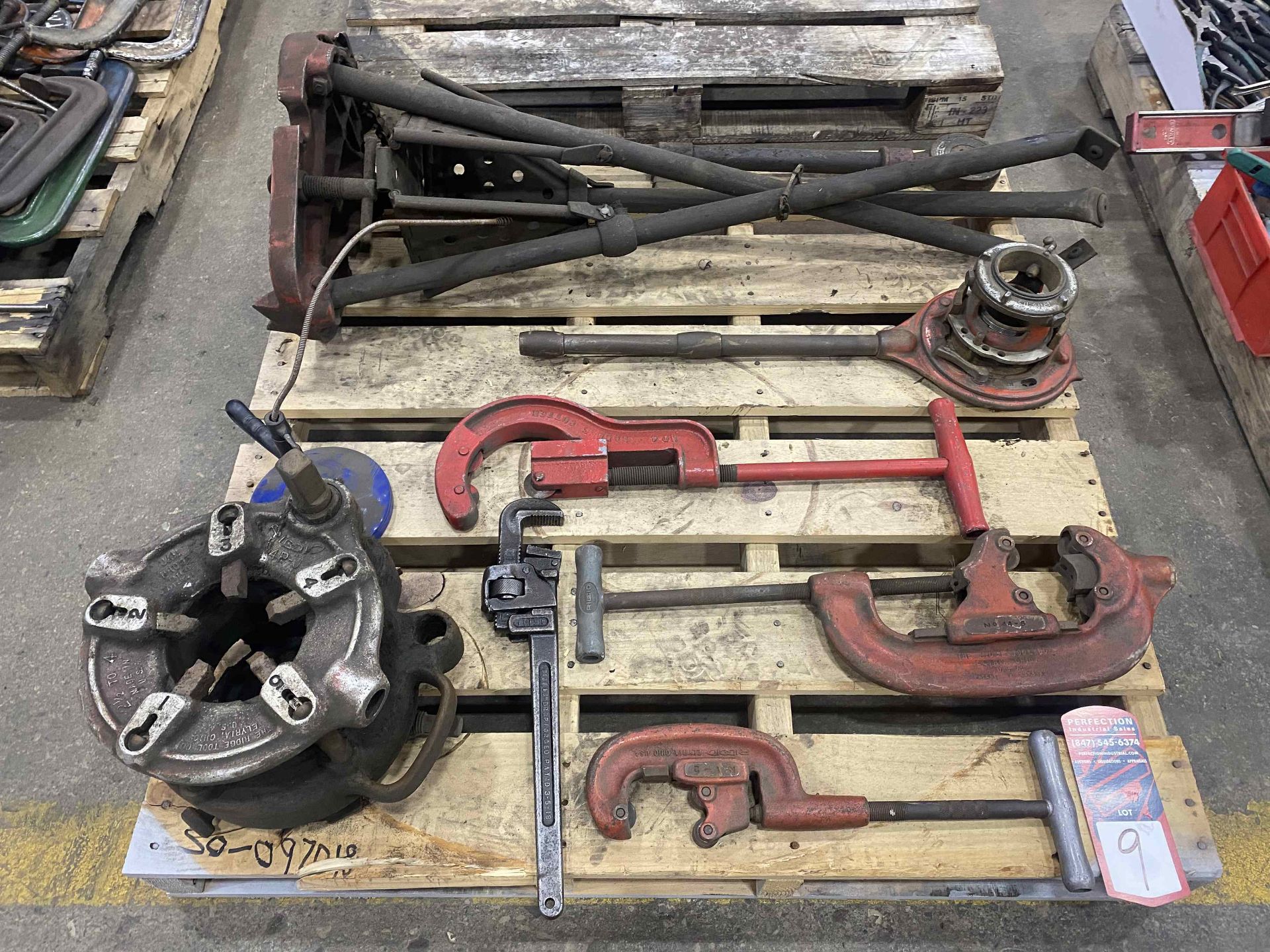 Lot Comprising RIDGID 4P-J & 65-R Pipe Threaders, Tri Stand and Assorted Pipe Cutters w/ Pipe Wrench - Image 2 of 3