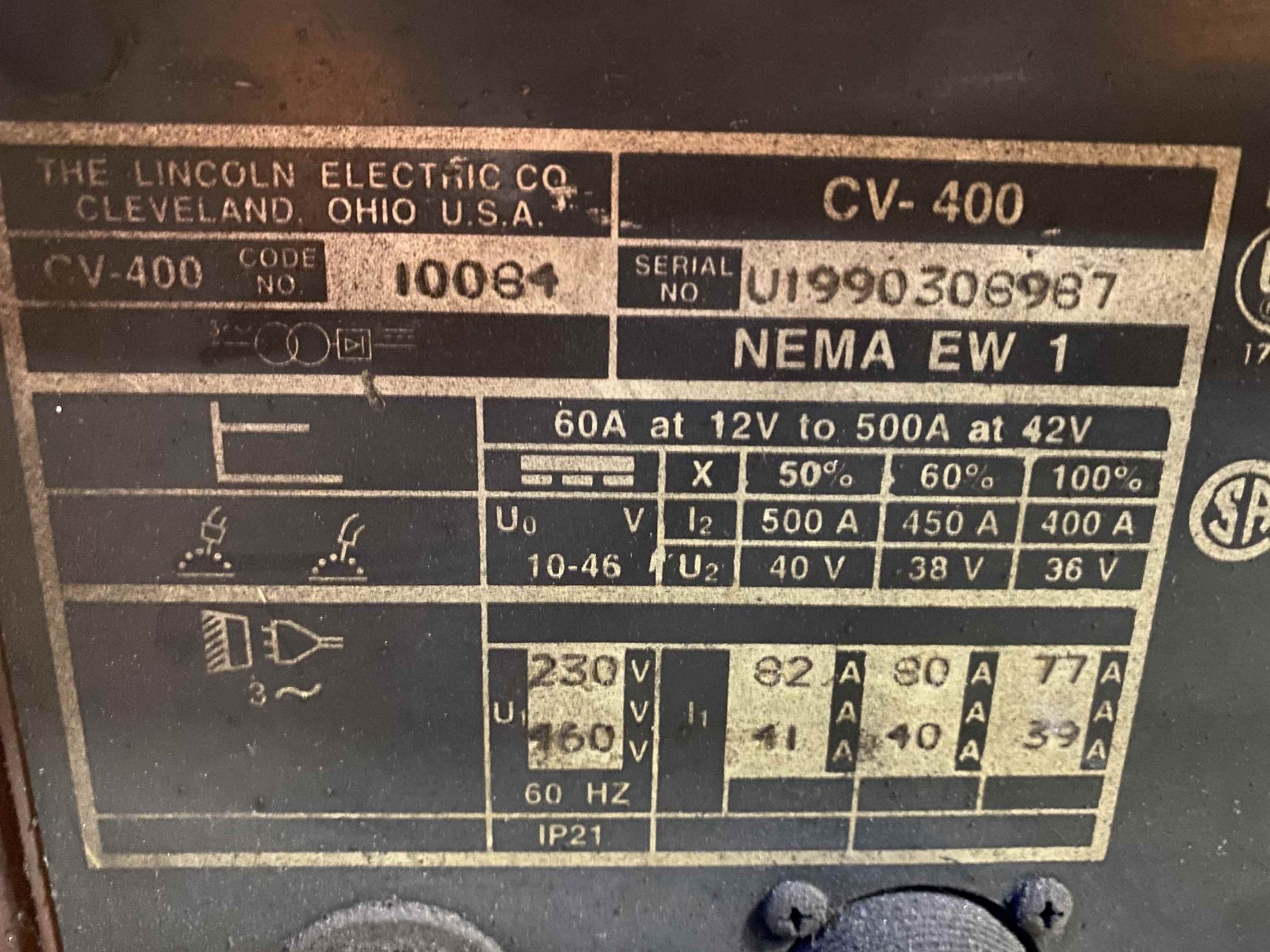 LINCOLN CV-400 MIG Welder, s/n U1990306987, w/ LINCOLN LN-7 Wire Feed and Boom - Image 2 of 4