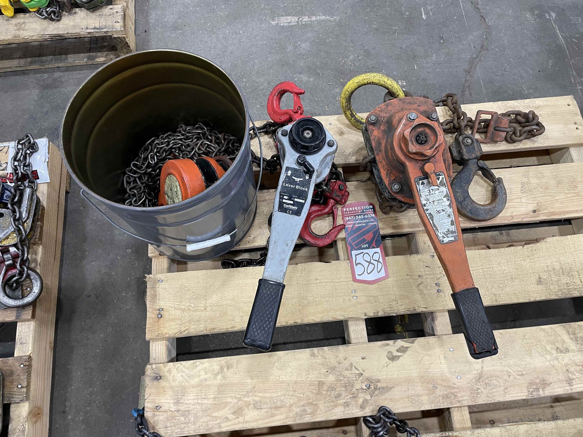 Lot Comprising 3-Ton and 1.5 Ton Lever Hoist w/ 1/2 Ton Chain Fall
