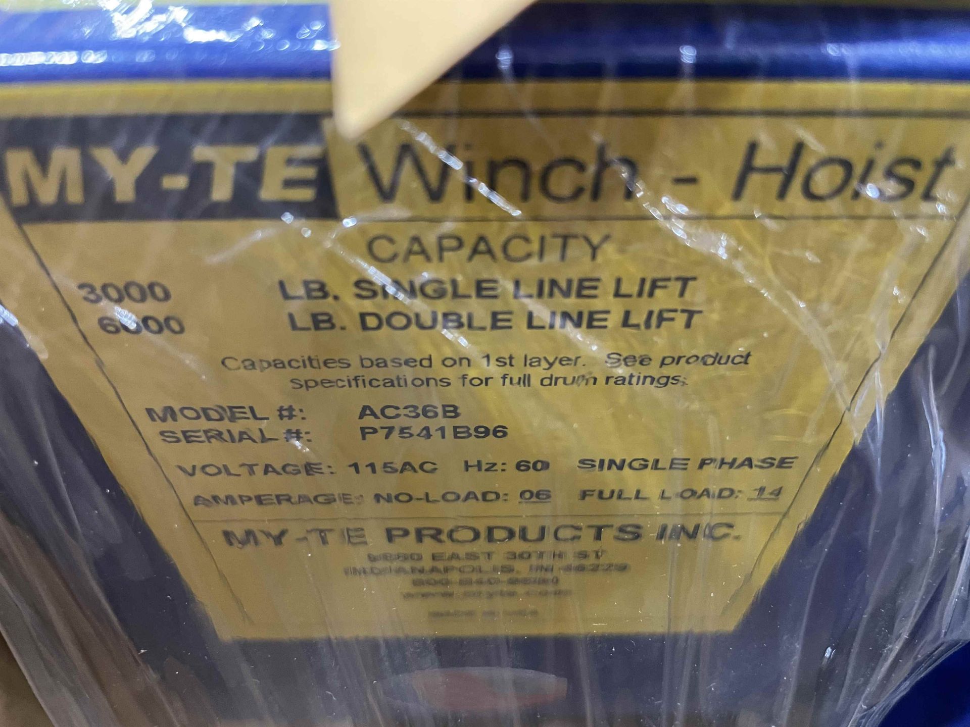 MY-TE AC36B Winch Hoist, s/n P7541B96, 3000/6000 Lb. Line Lift Capacity - Bild 3 aus 3
