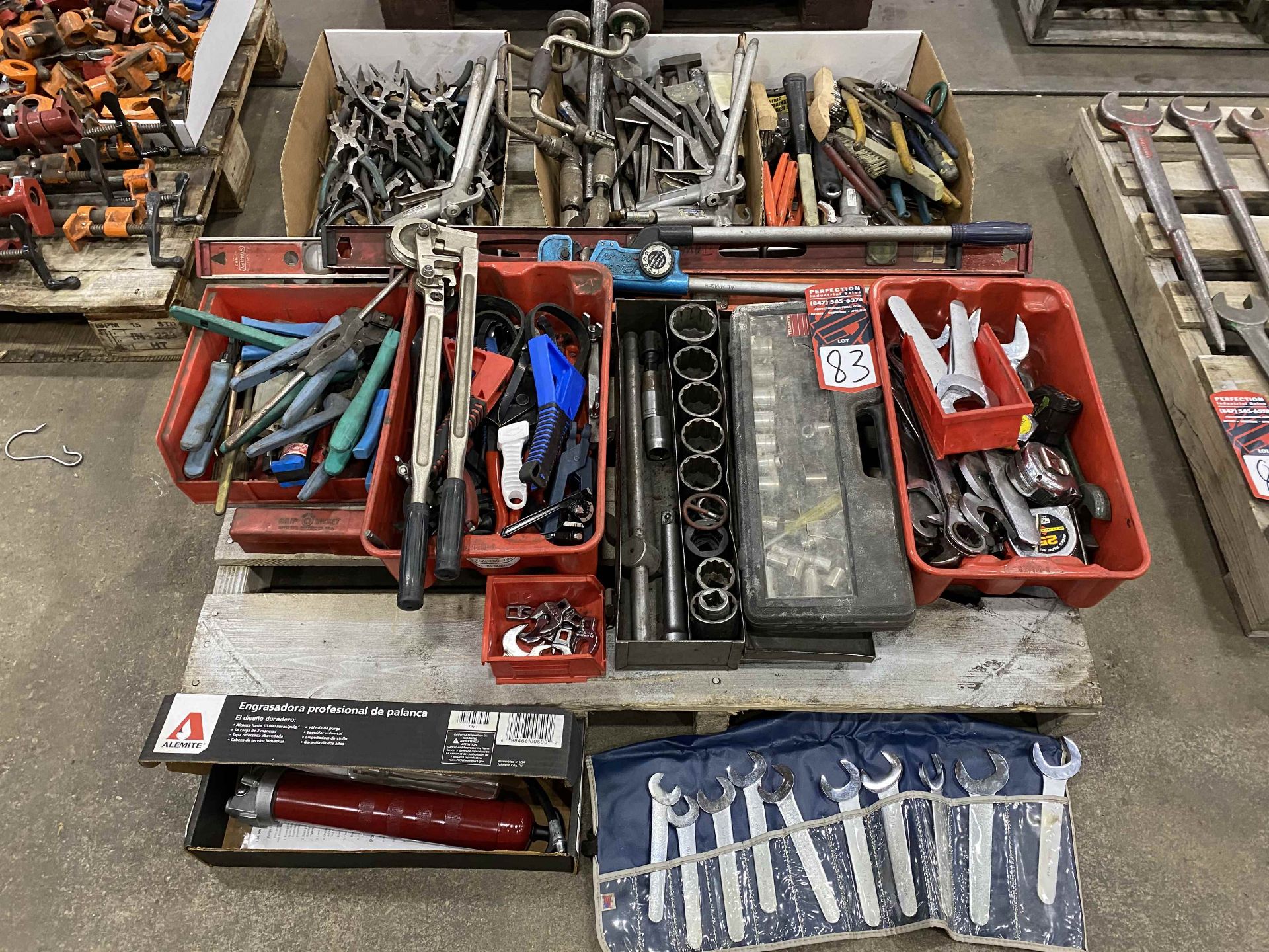 Lot of Assorted Hand Tools Including Tape Measures, Sockets, Grease Guns, Crimpers, Welding - Image 2 of 2