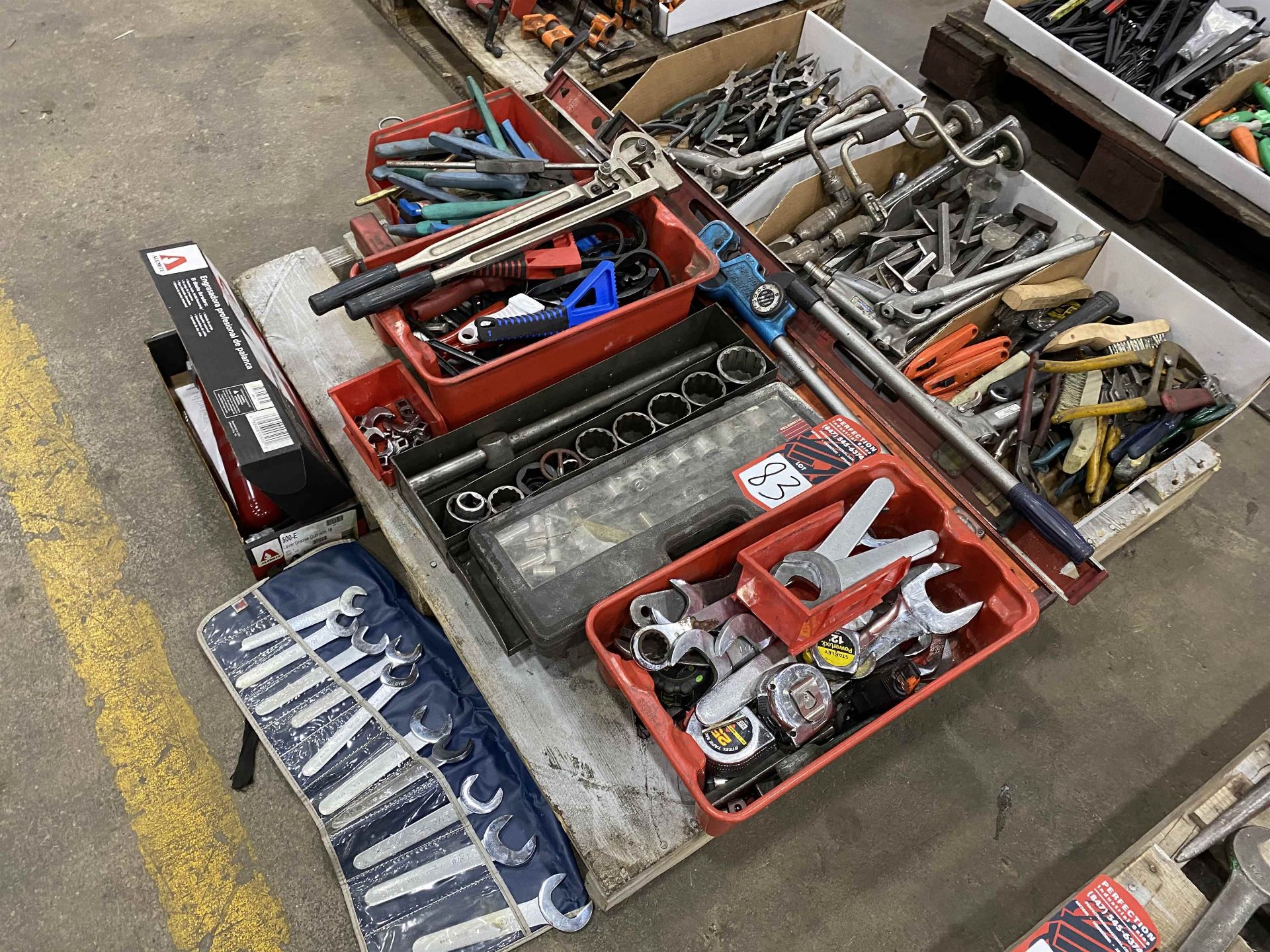 Lot of Assorted Hand Tools Including Tape Measures, Sockets, Grease Guns, Crimpers, Welding