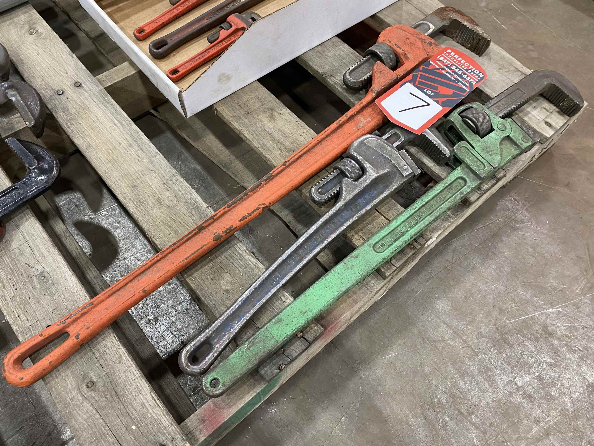 Lot of (3) Pipe Wrenches Comprising PITTSBURG 36", TRIMO 24" and RIDGID 18"