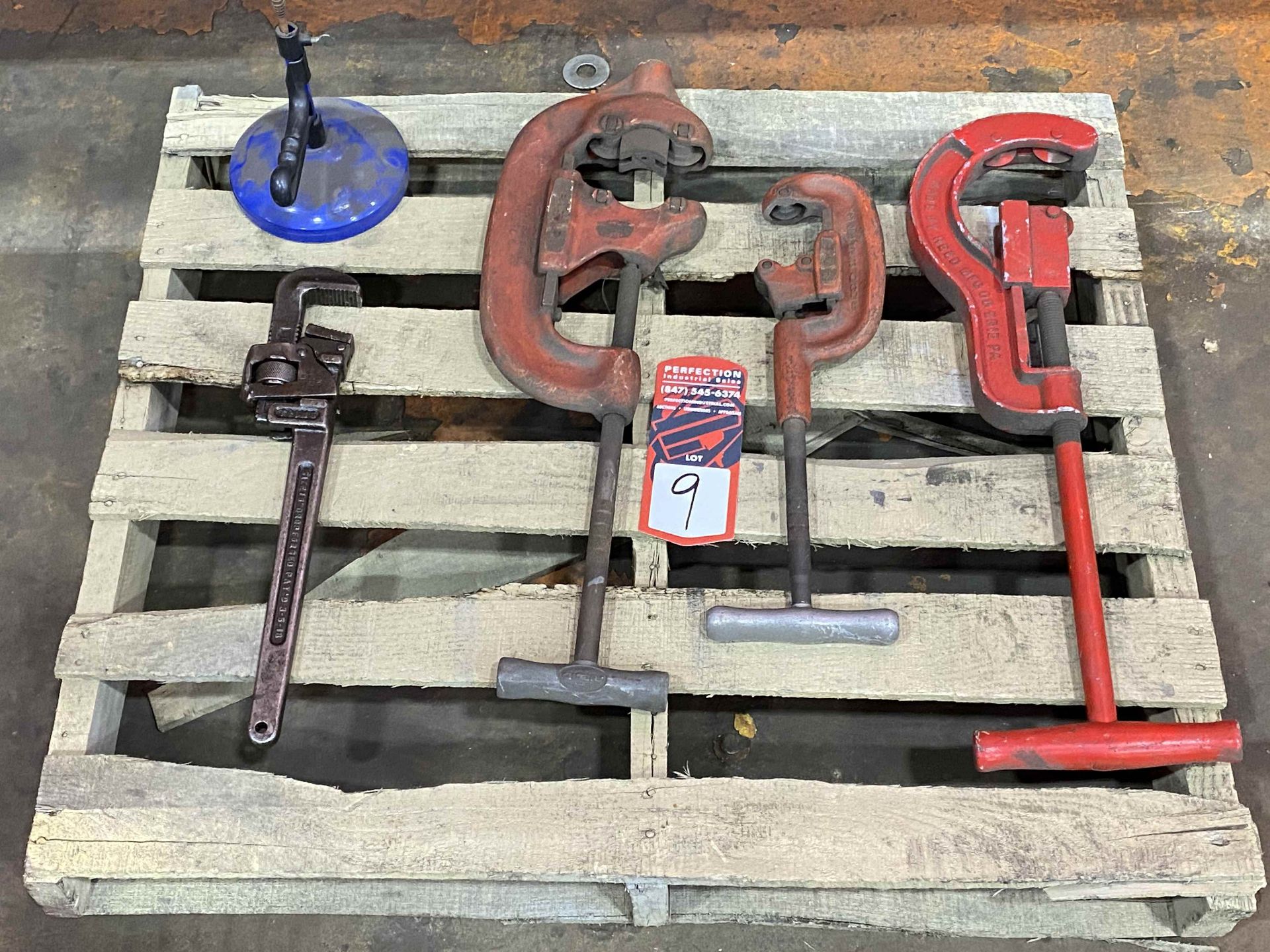 Lot Comprising RIDGID 4P-J & 65-R Pipe Threaders, Tri Stand and Assorted Pipe Cutters w/ Pipe Wrench