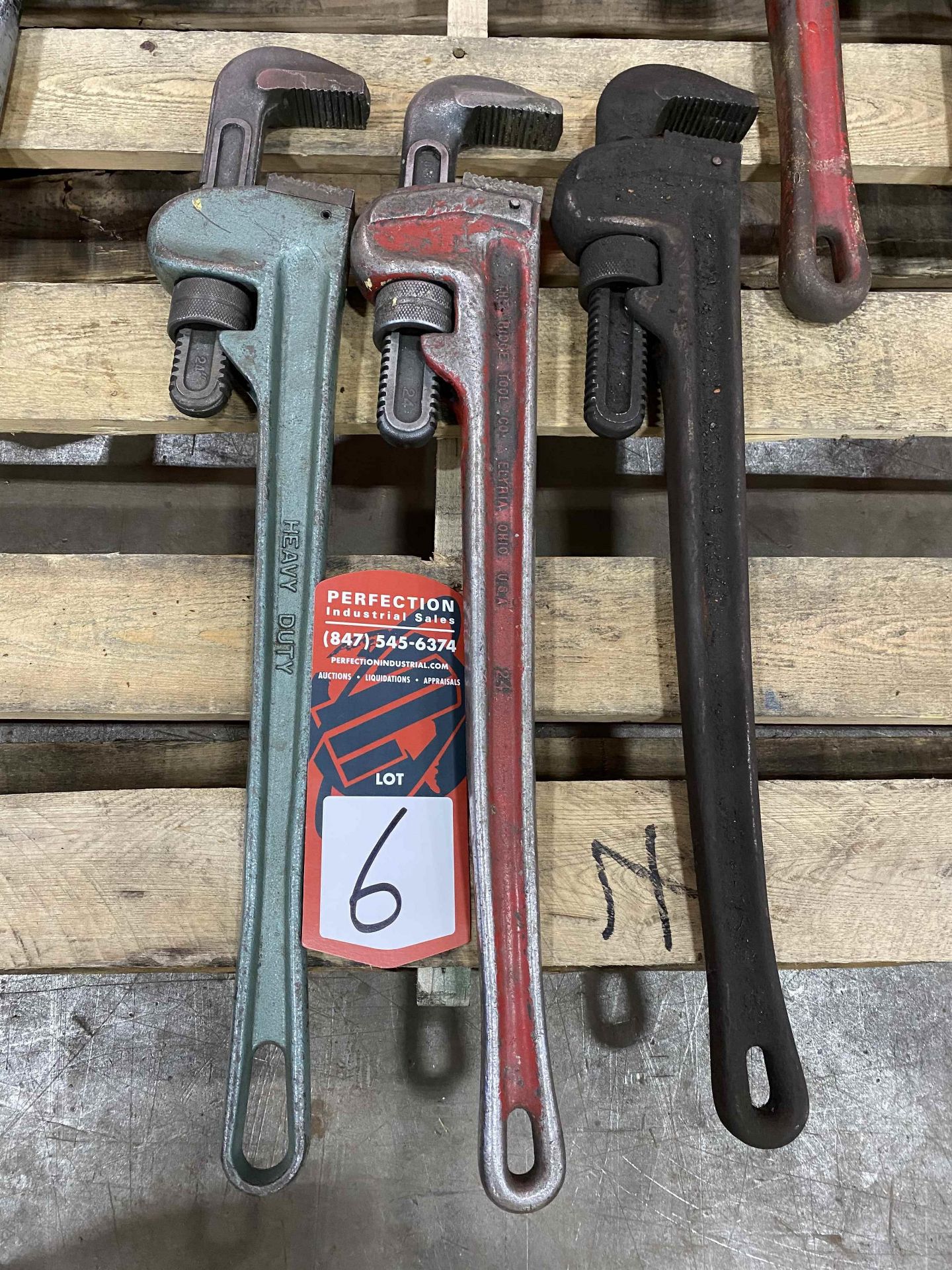 Lot of (2) RIDGID 24" Pipe Wrenches and (1) JONNESWAY 24" Pipe Wrench