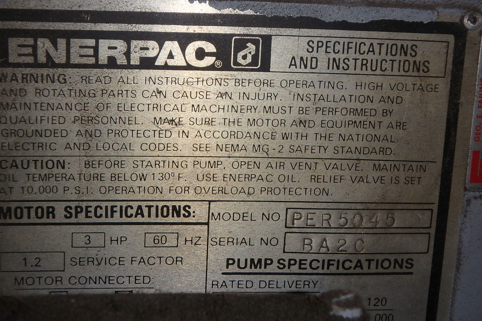 ENERPAC Hydraulic H-Frame Shop Press, w/ Enerpac PER5045 10,000 PSI Hyd. Pump System - Image 2 of 2