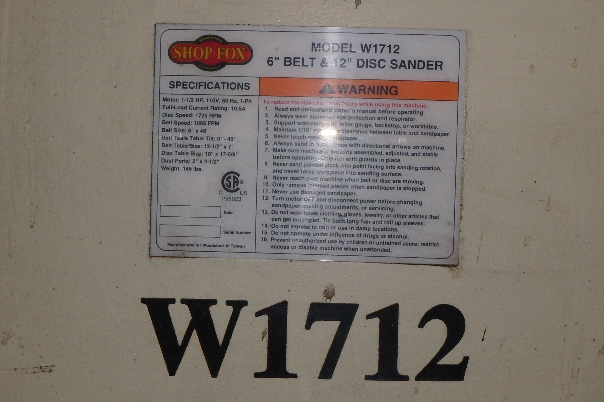 SHOP FOX W1712 6" Belt/12" Disc Combination Sander - Image 2 of 2