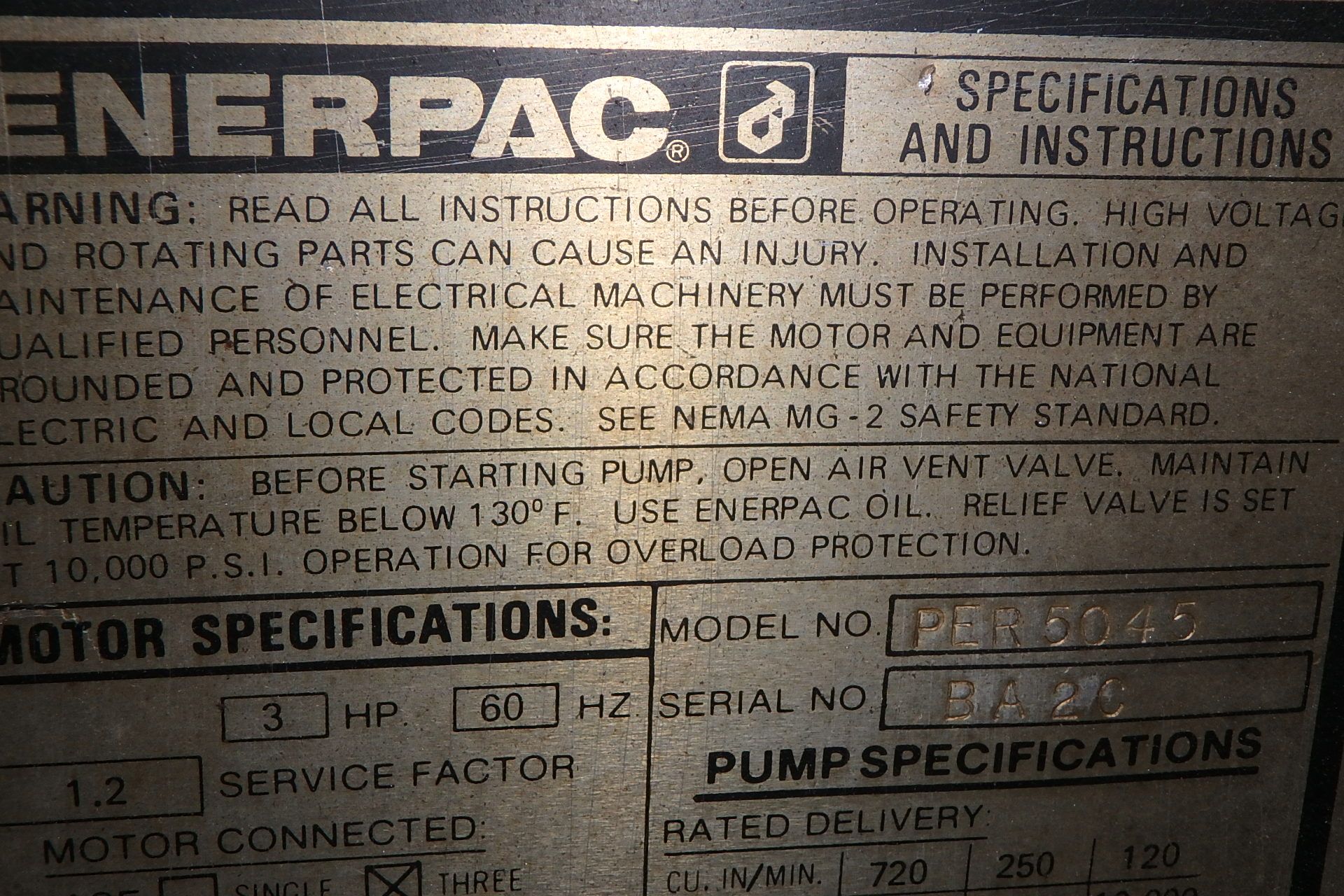 ENERPAC Hydraulic H-Frame Shop Press, w/ Enerpac PER5045 10,000 PSI Hyd. Pump System - Image 2 of 2