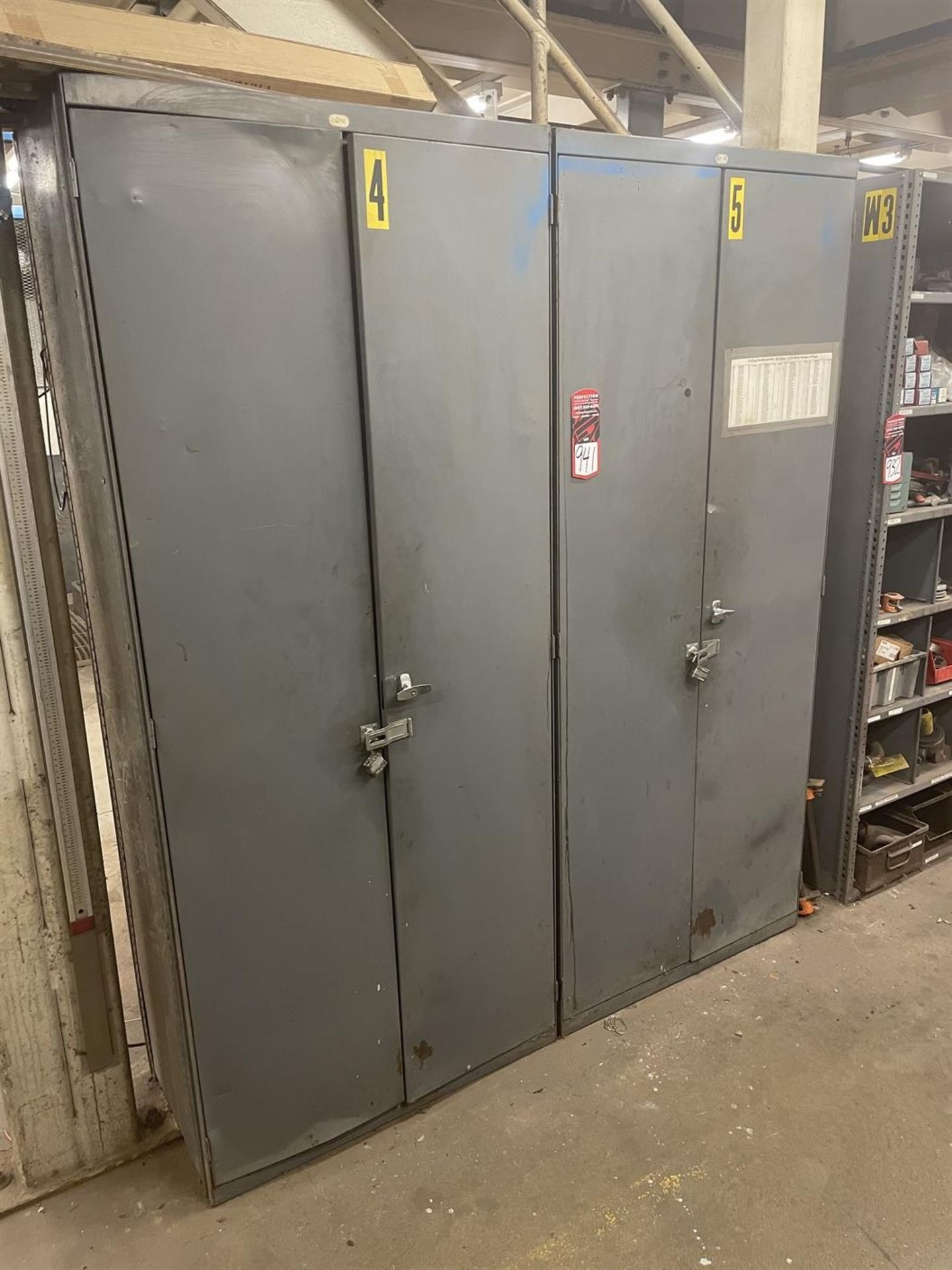 (2) Storage Cabinets w/ Drills, Steel Stock and Misc. Hand Tools