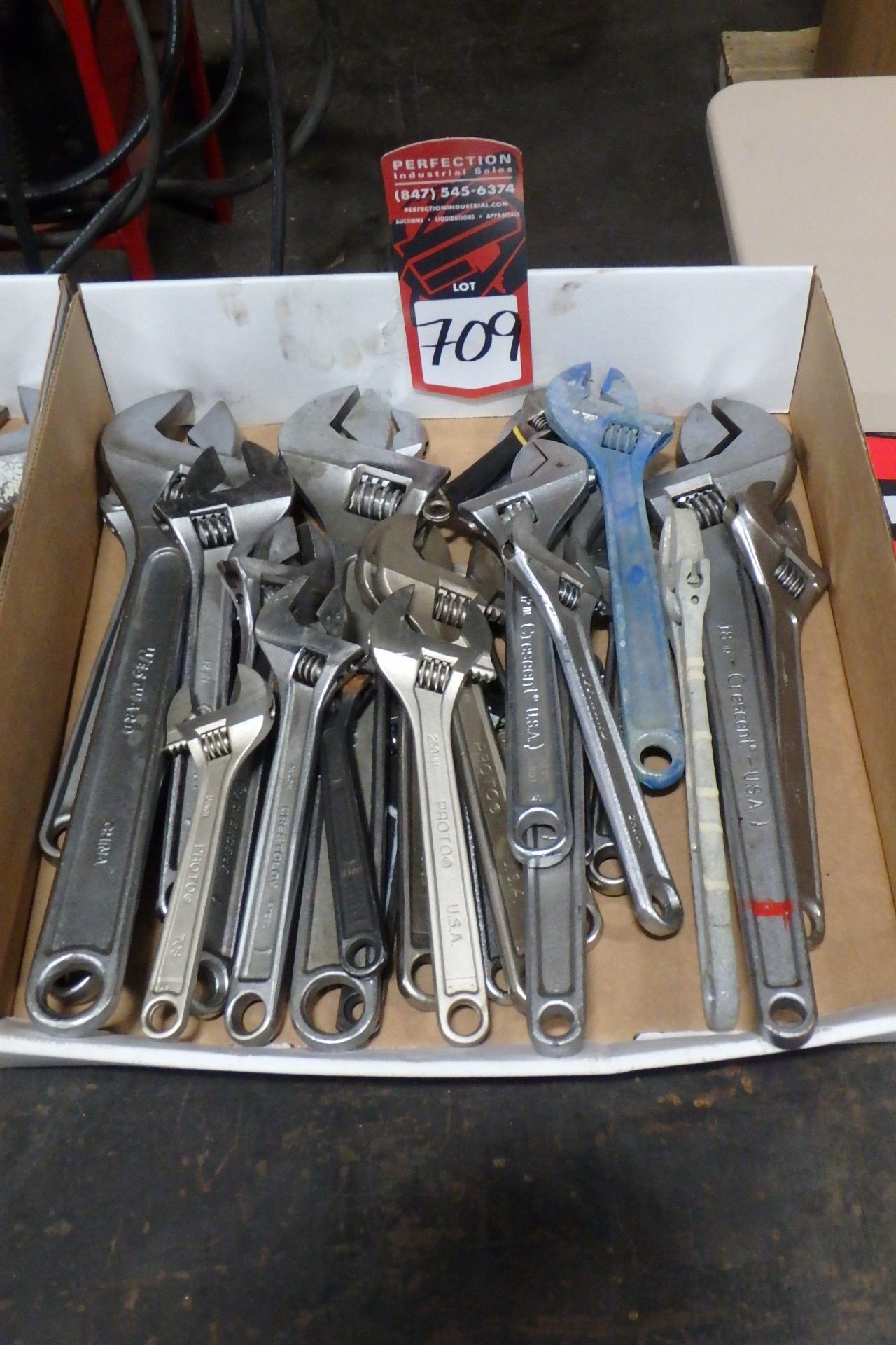 Box of Assorted Adjustable Wrenches