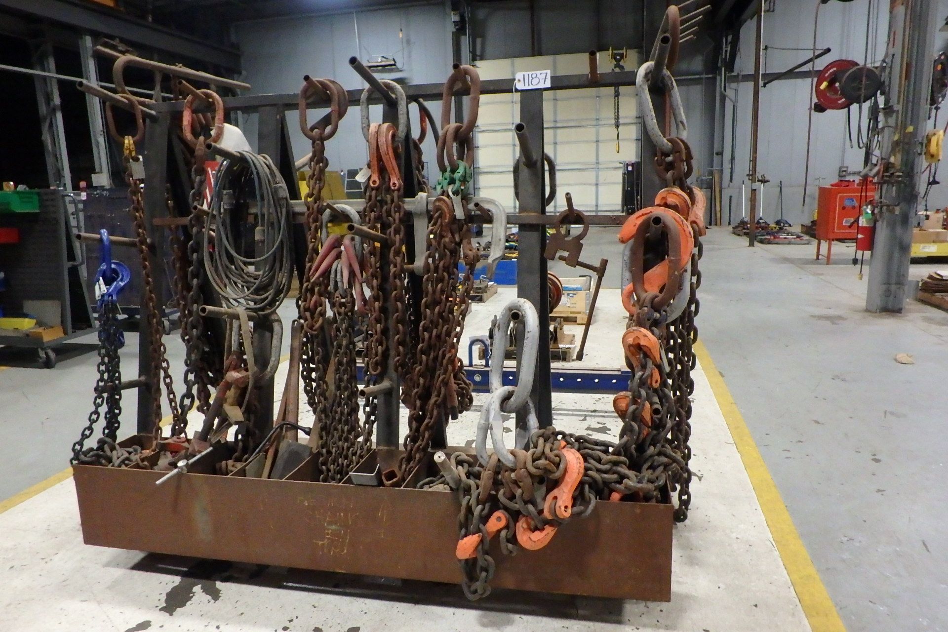 Lot Comprising Assorted Lifting Chains & Hooks, w/ A-Frame Chain & Tool Stand