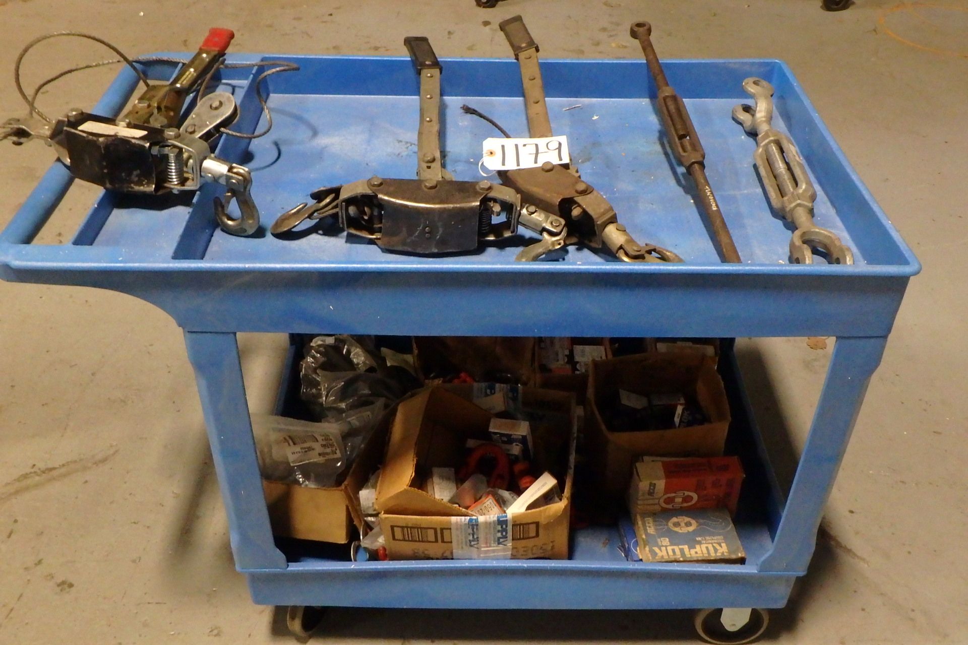 Lot Comprising (3) Come-A-Longs, Assorted Lifting Hooks & Clamps, w/ ULINE Cart; Assorted Lifting