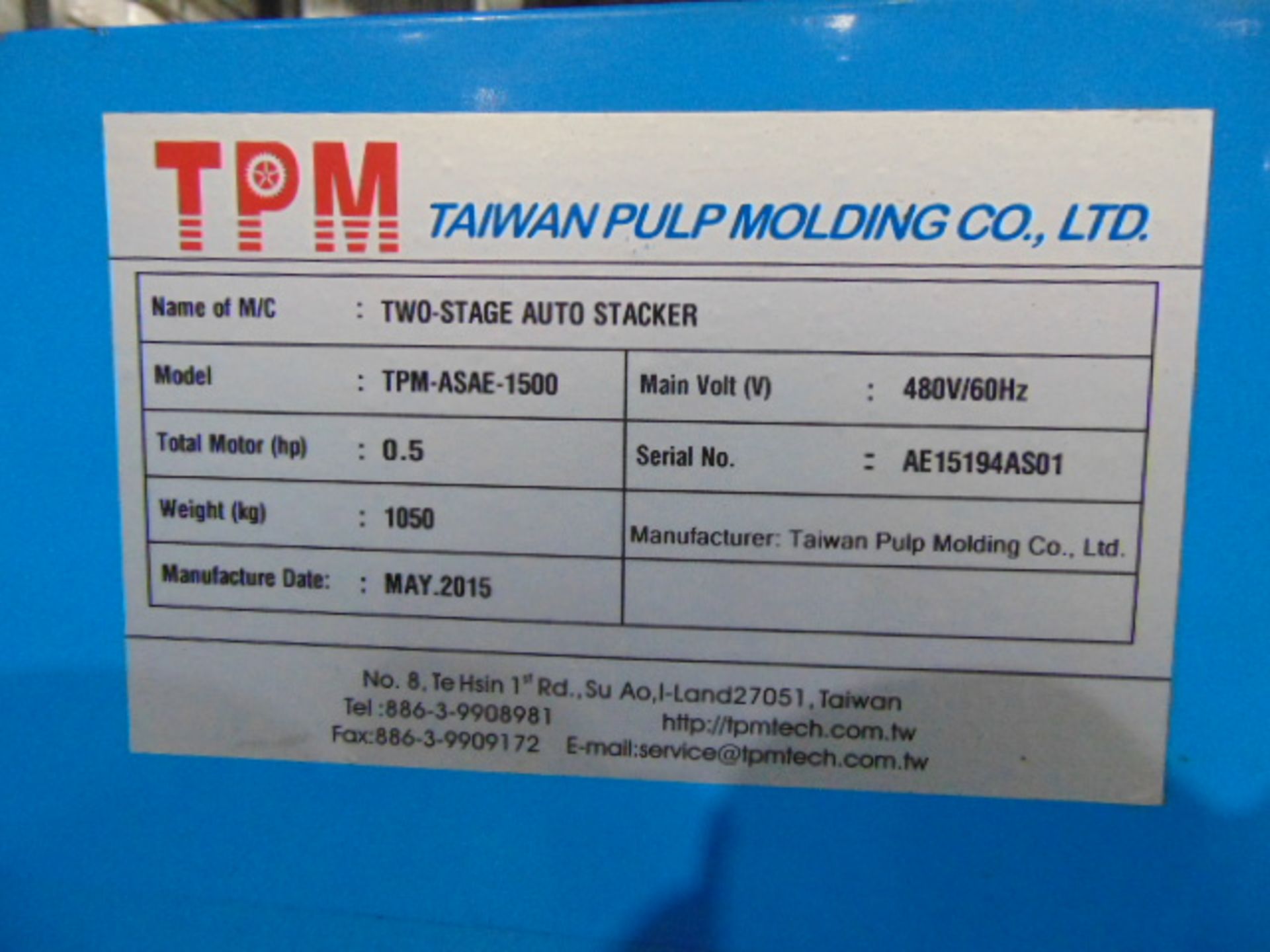 TWO-STAGE AUTO STACKER, TAIWAN PULP MOLDING MDL. TPN-ASAE-1500, 5 HP. conveyor & controls, S/N - Image 3 of 3